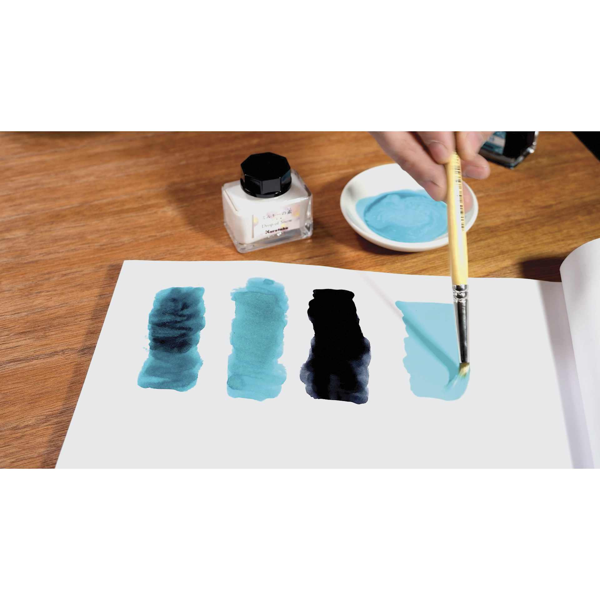 Kuretake Ink-Café Drop of Snow Ink Additive - 20 ml, swatches with additive