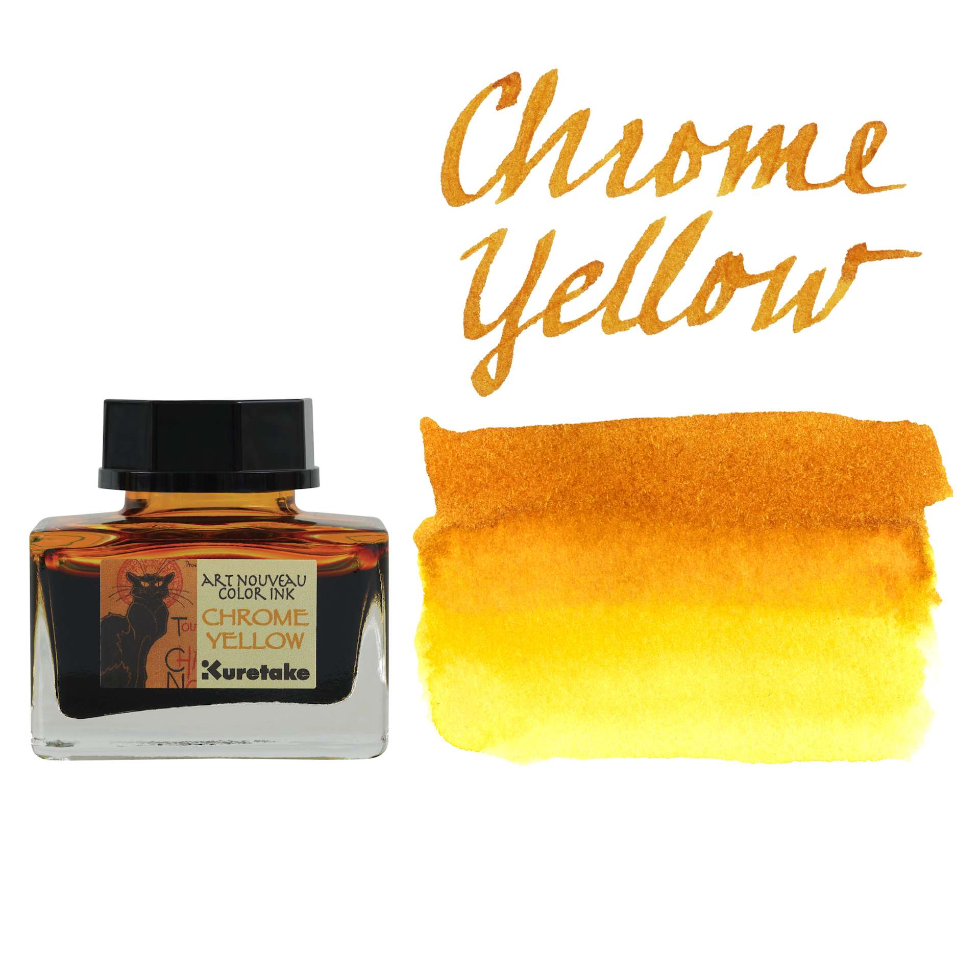 Kuretake Ink-Café Art Nouveau Ink - Chrome Yellow, 20 ml, bottle with swatch