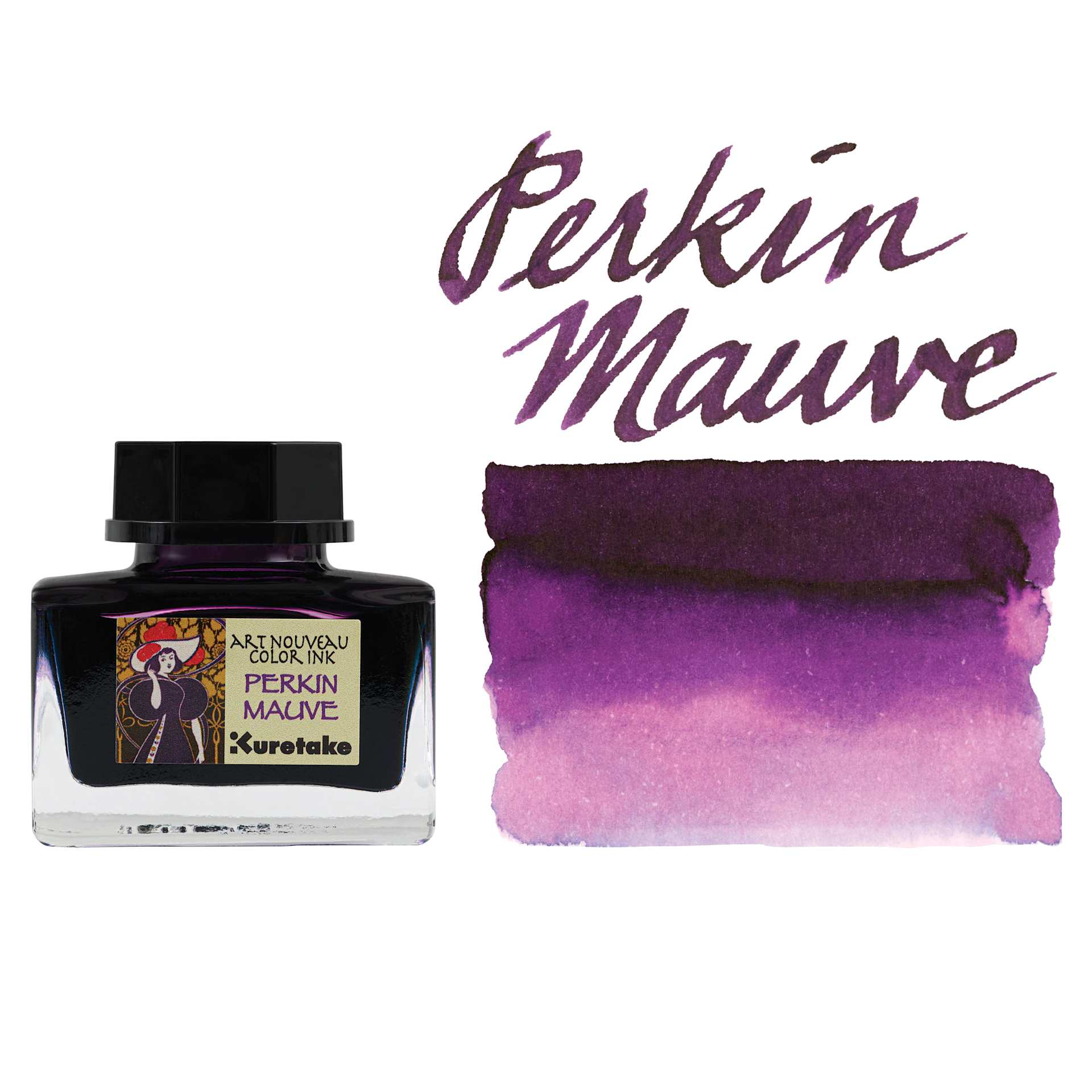 Kuretake Ink-Café Art Nouveau Ink - Perkin Mauve, 20 ml, bottle with swatch
