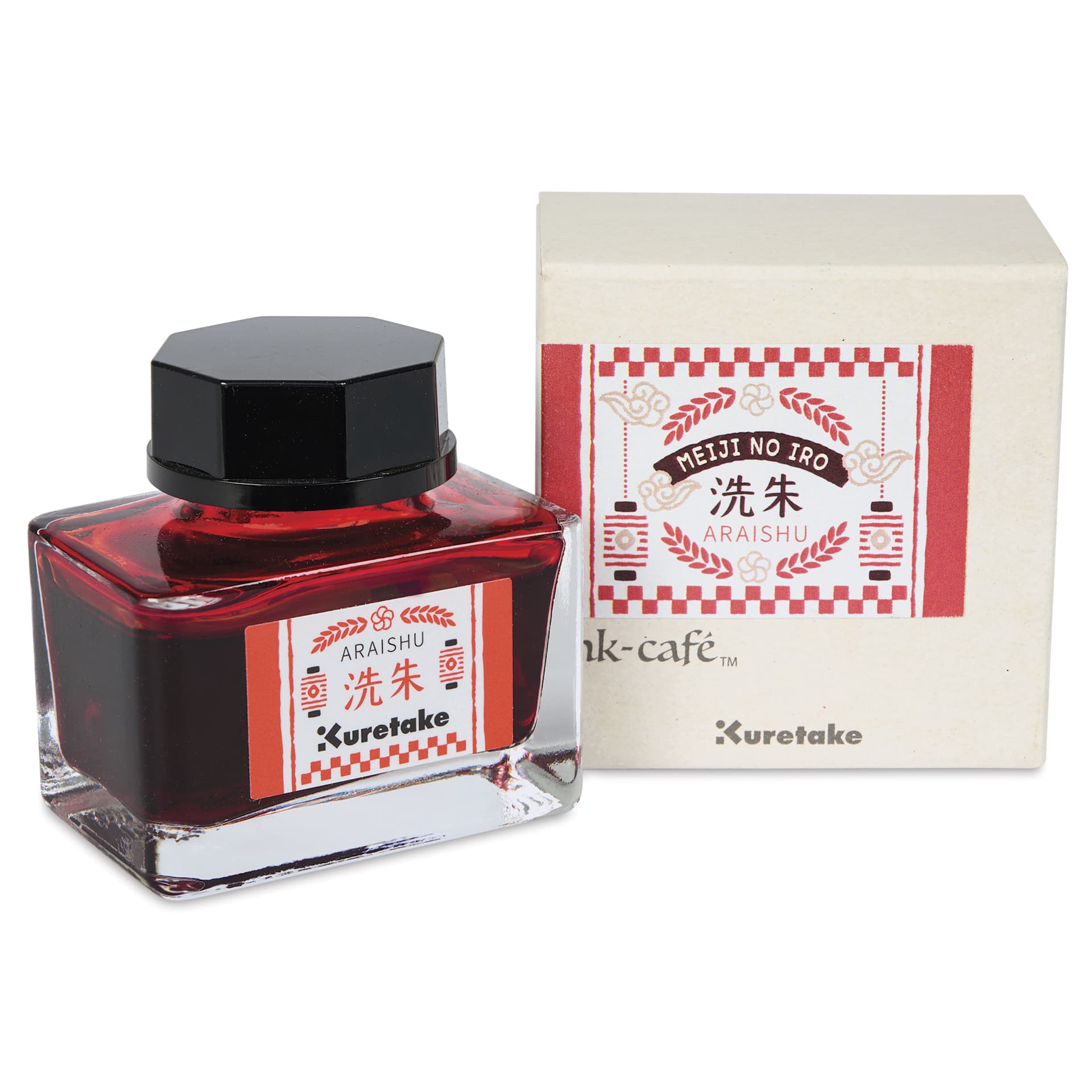 Kuretake Ink Cafe Meiji No Iro Pen Ink - 532 Light Red (Araishu), jar next to packaging box