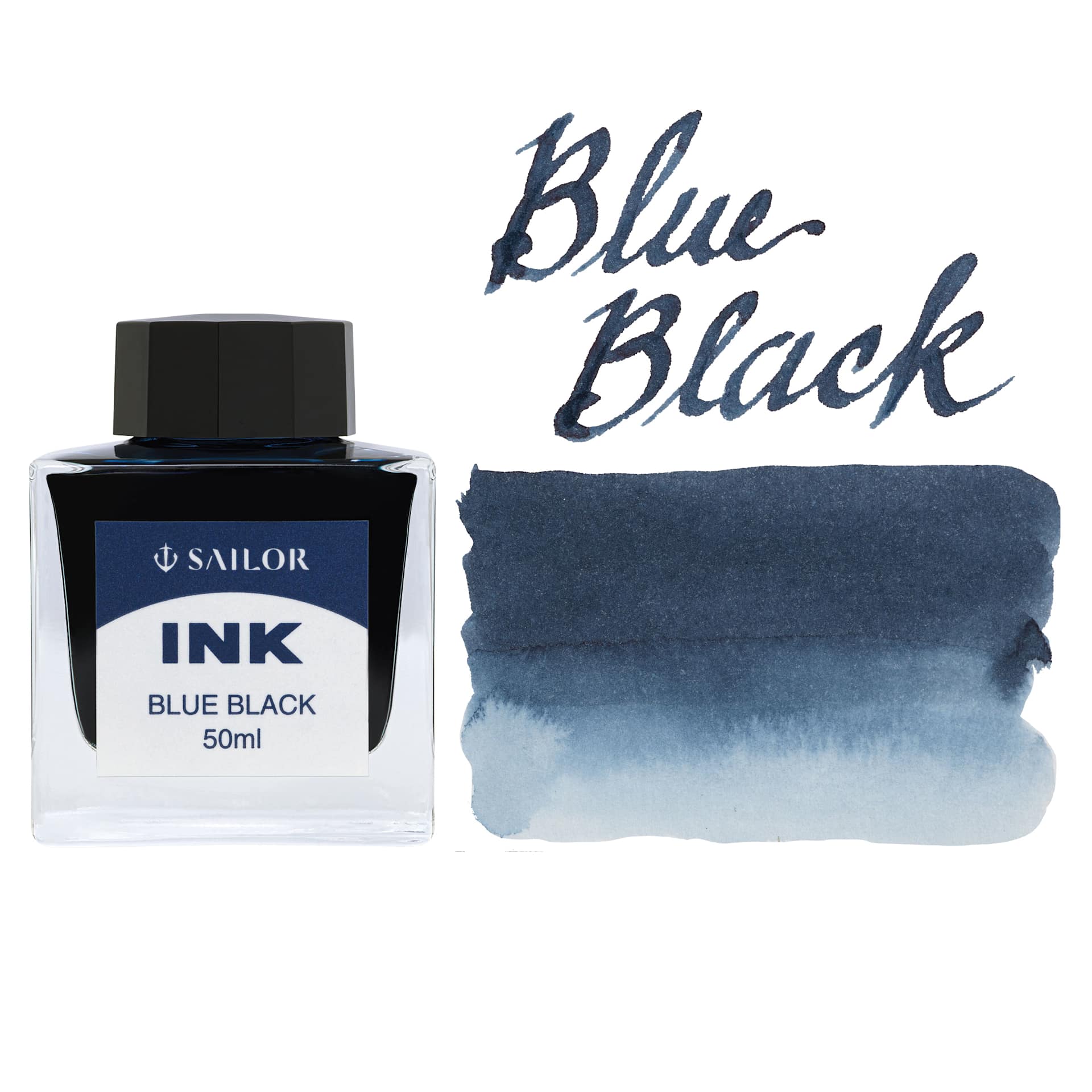 Sailor Ink - Blue Black, 50 ml, bottle with swatch