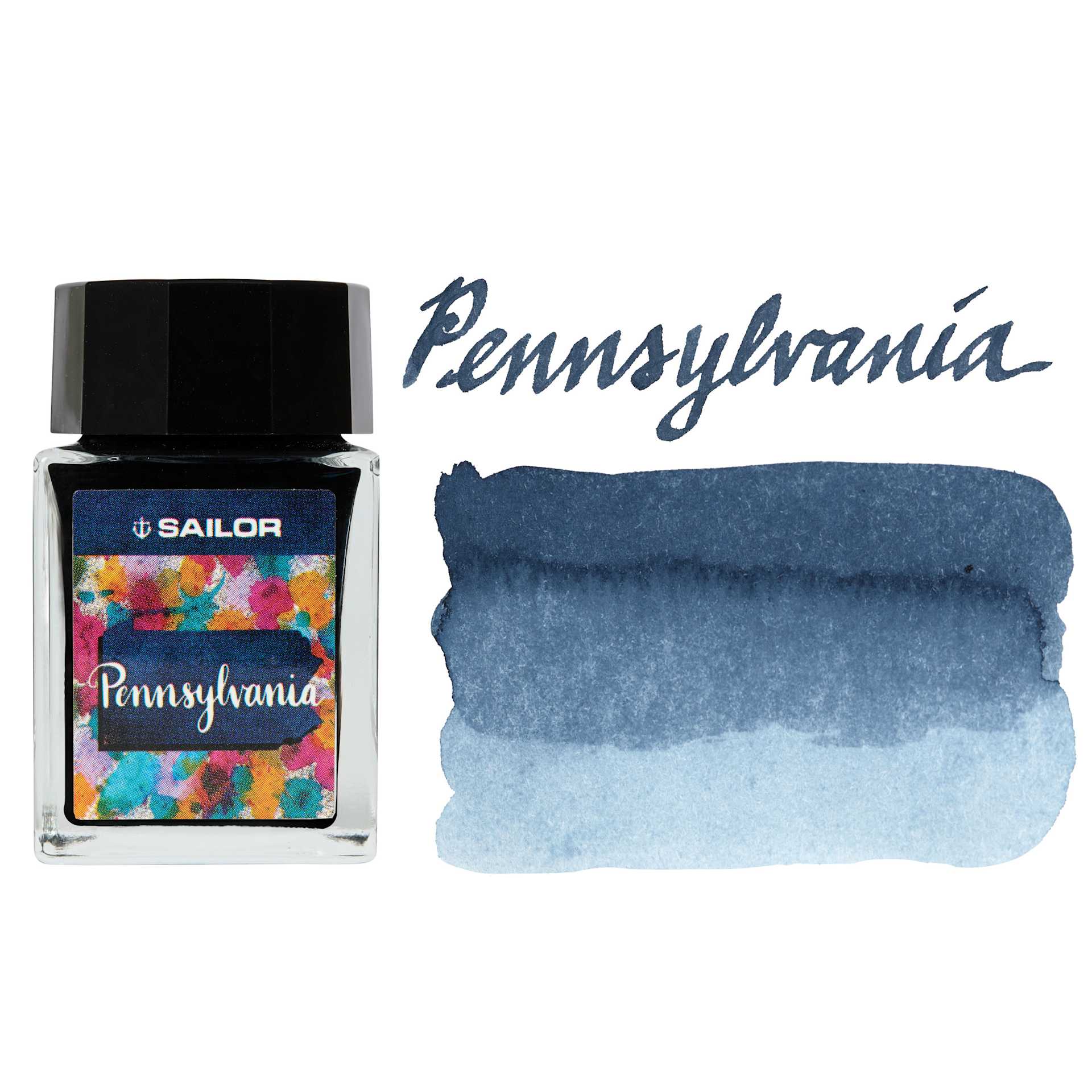 Sailor USA State Ink - Pennsylvania, Blue Gray, 20 ml, swatch and bottle