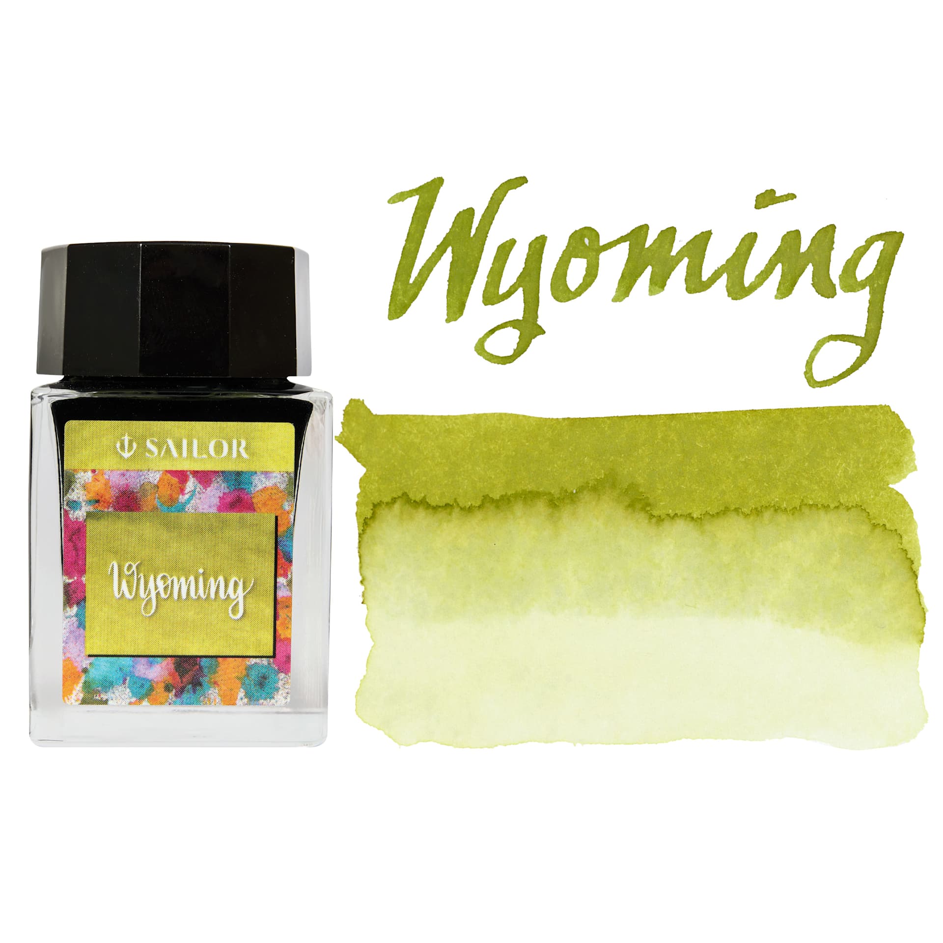 Sailor USA State Ink - Wyoming, Chartreuse, 20 ml, swatch and bottle