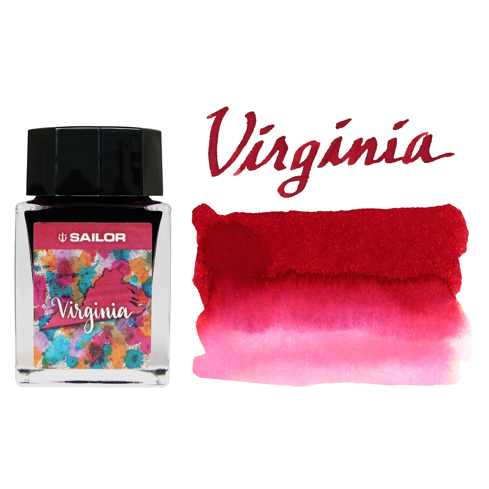 Sailor USA State Ink - Virginia, Red, 20 ml, swatch and bottle