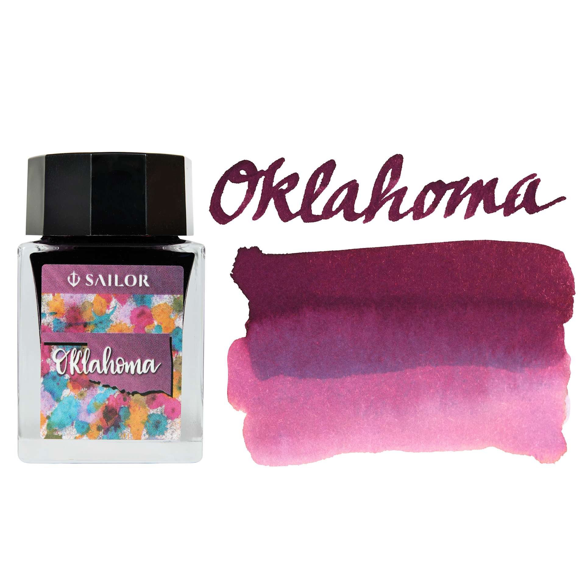 Sailor USA State Ink - Oklahoma, Burgundy, 20 ml, swatch and bottle