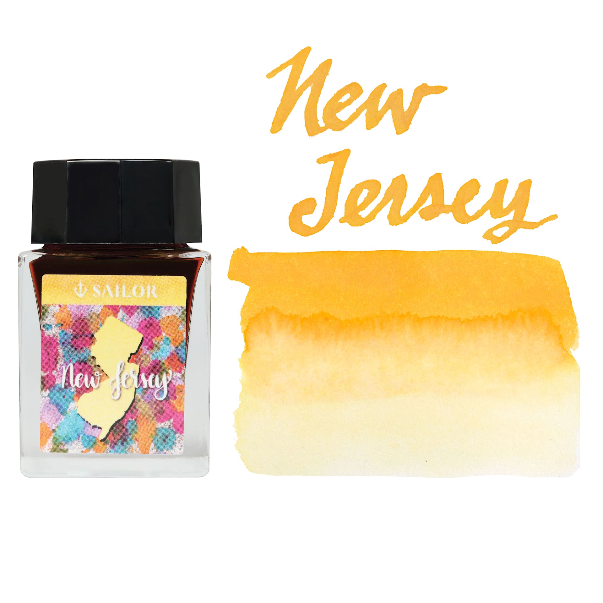 Sailor USA State Ink - New Jersey, Yellow, 20 ml, swatch and bottle