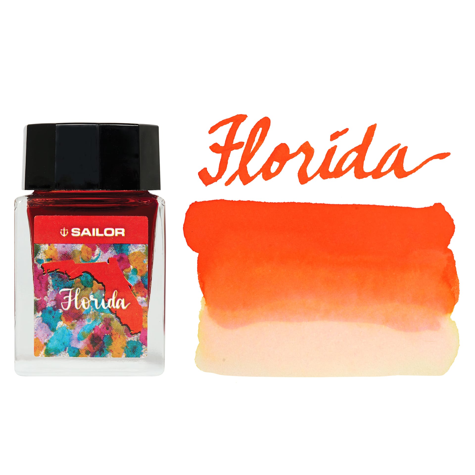 Sailor USA State Ink - Florida, Orange, 20 ml, swatch and bottle