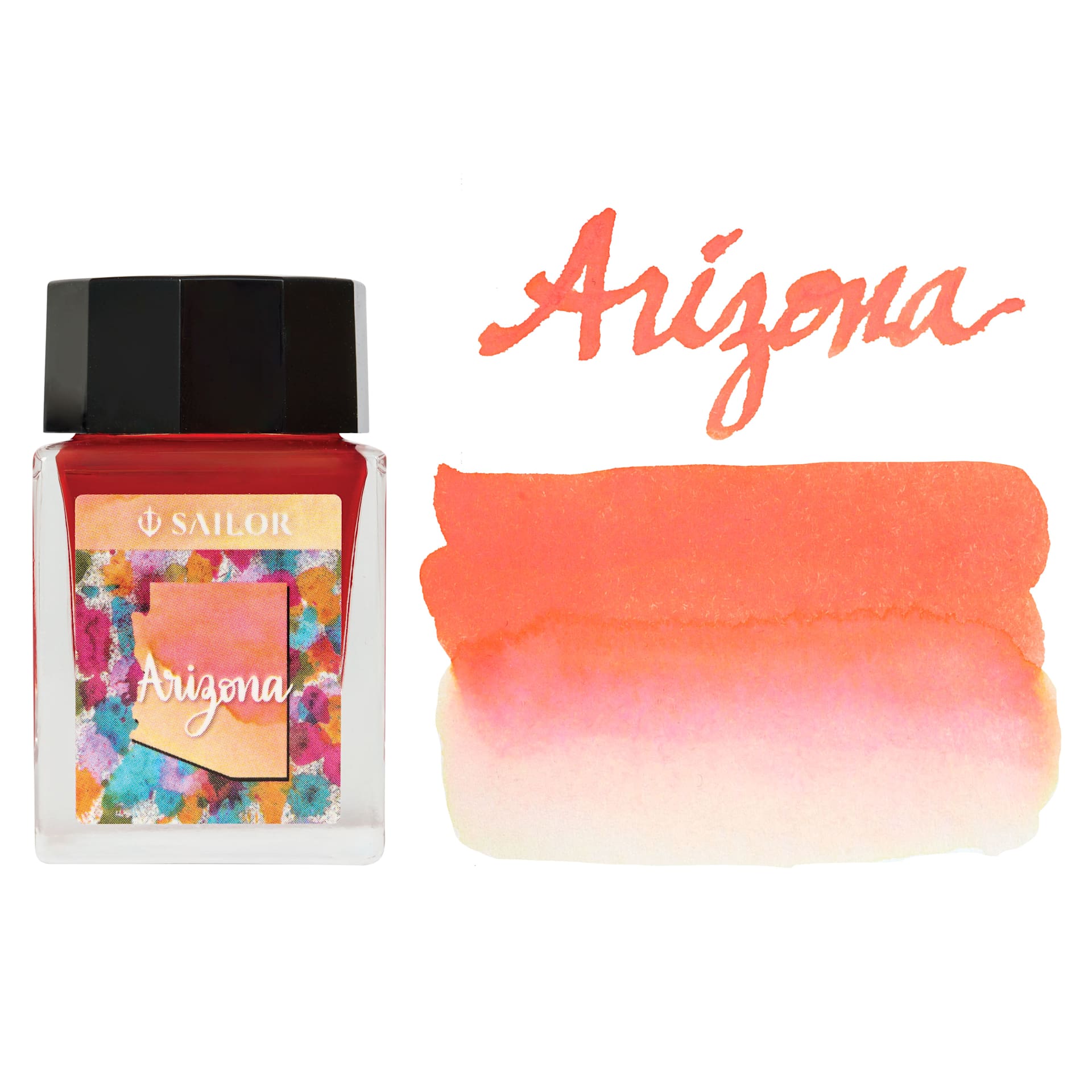 Sailor USA State Ink - Arizona, Coral Orange, 20 ml, swatch and bottle