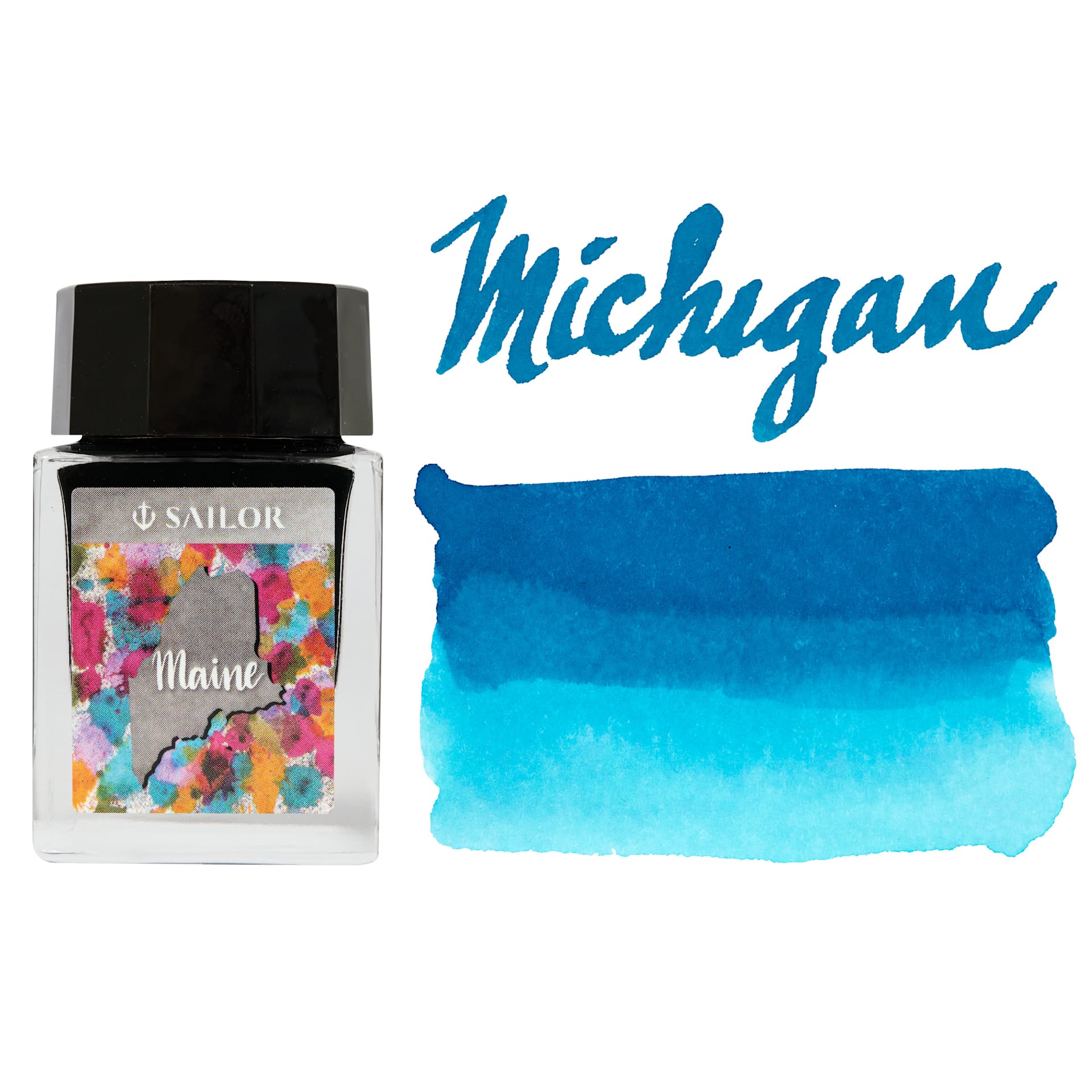 Sailor USA State Ink - Michigan, Blue, 20 ml, swatch and bottle