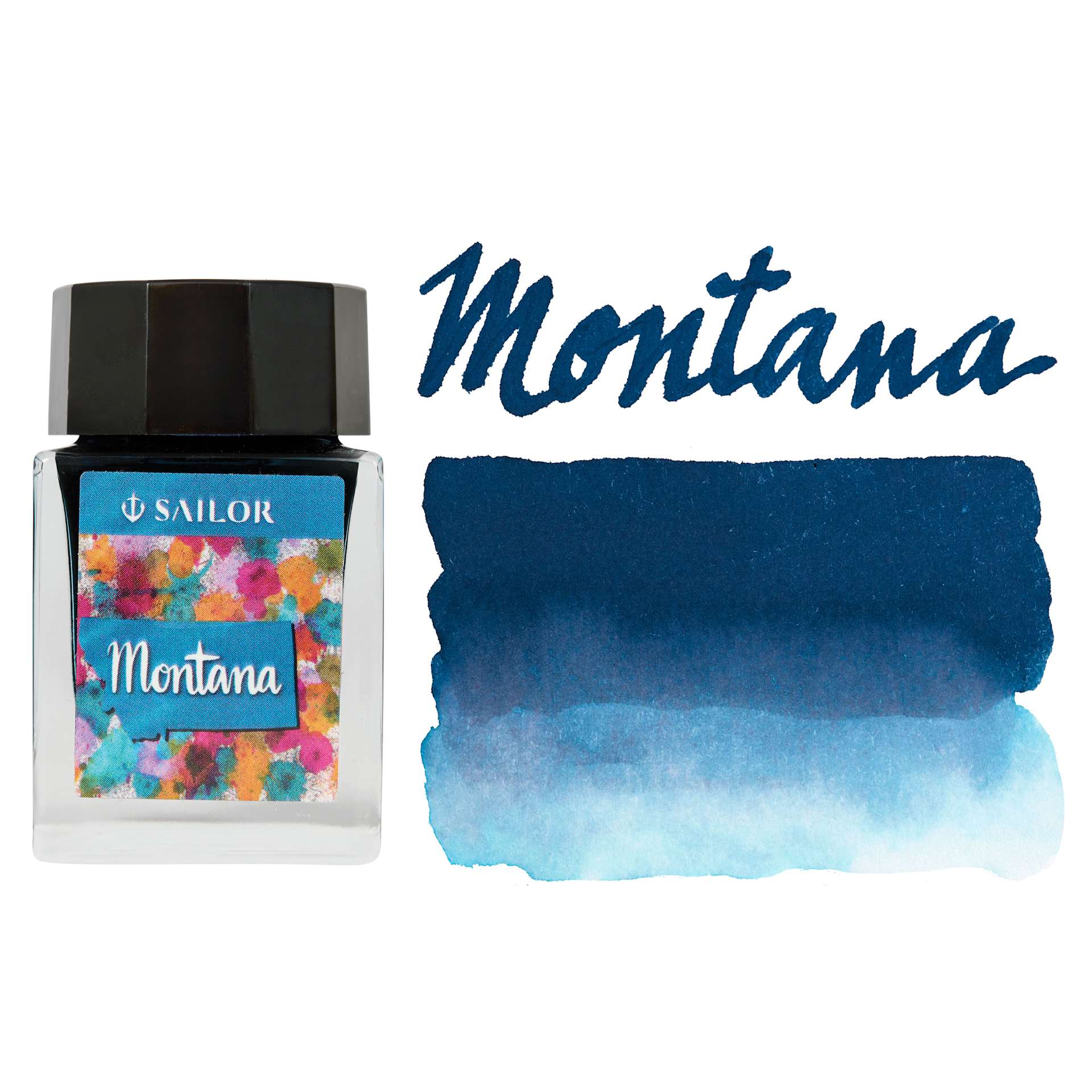 Sailor USA State Ink - Montana, Blue, 20 ml, swatch and marker