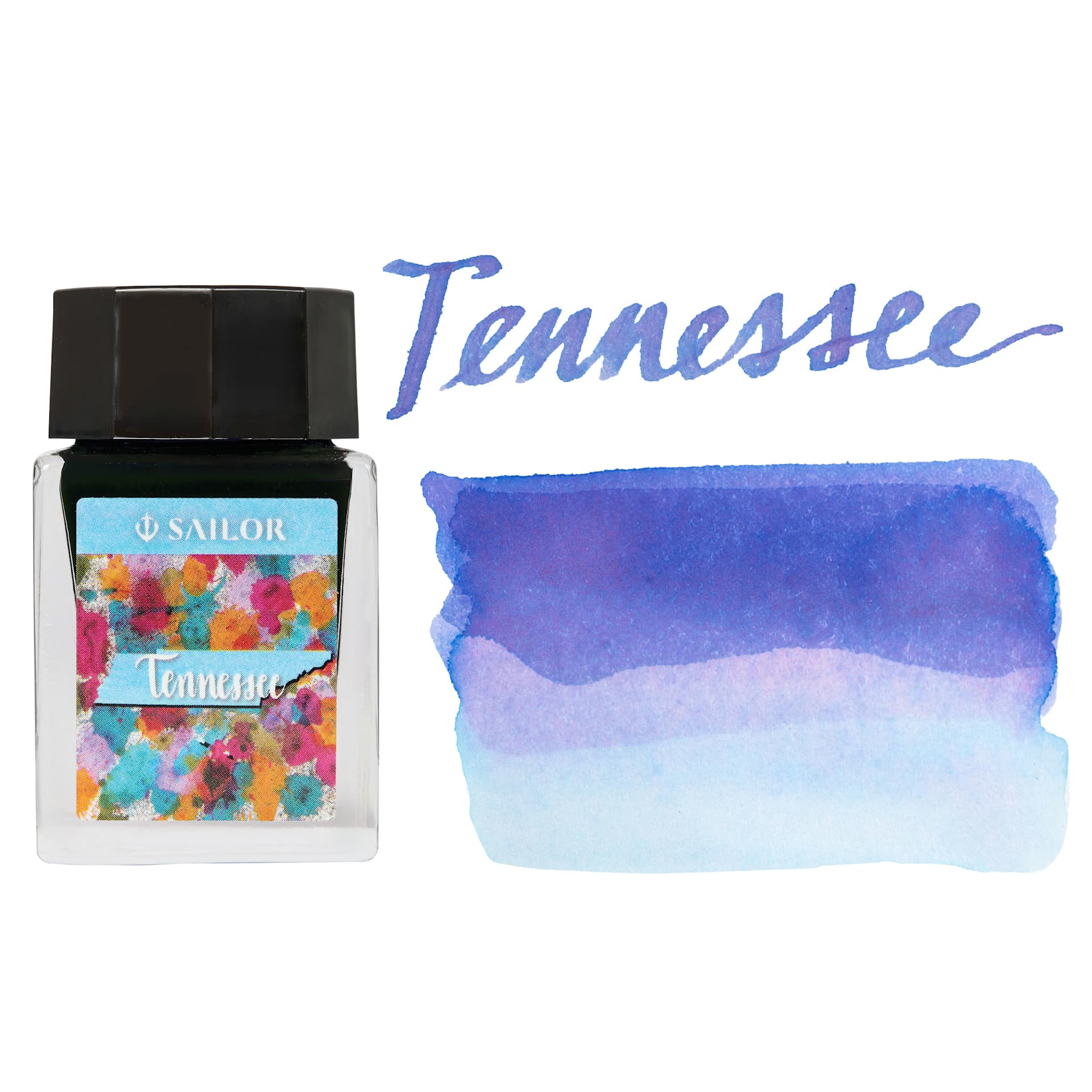 Sailor USA State Ink - Tennessee, Light Blue, 20 ml, swatch and bottle