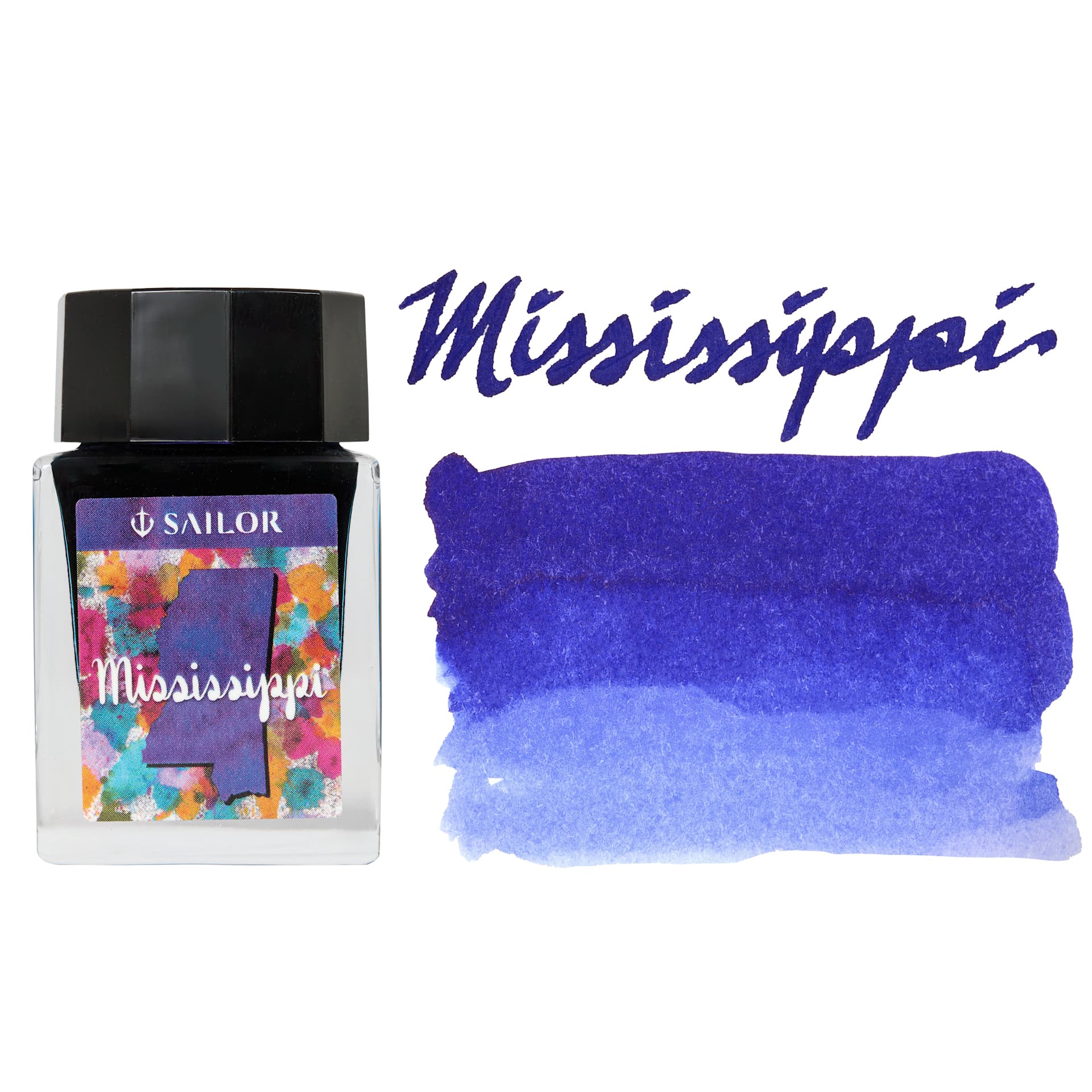 Sailor USA State Ink - Mississippi, Deep Blue, 20 ml, swatch and bottle