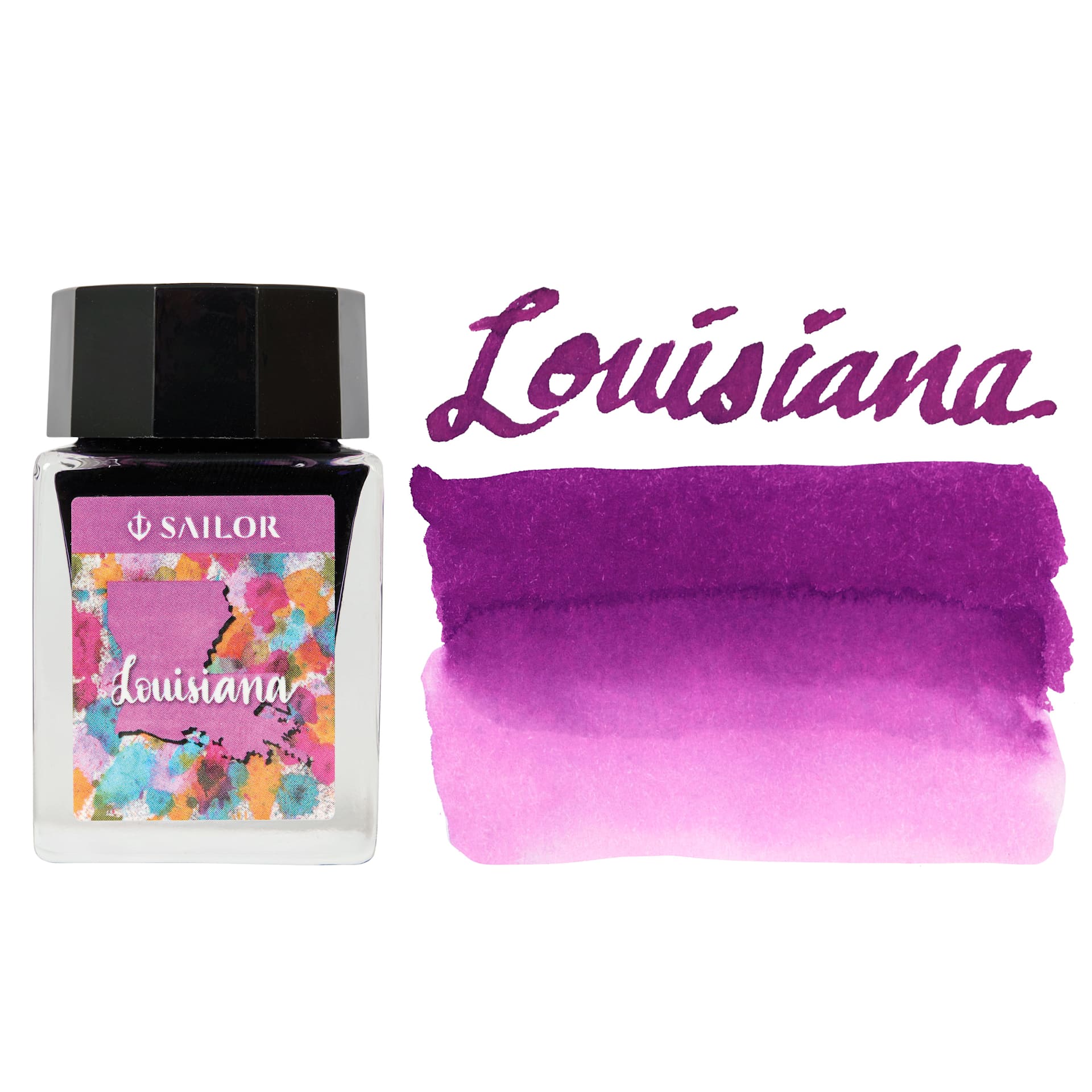 Sailor USA State Ink - Louisiana, Purple, 20 ml, swatch and bottle