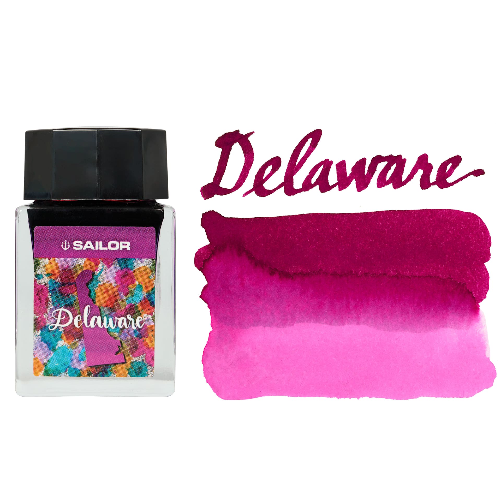 Sailor USA State Ink - Delaware, Fuchsia, 20 ml, swatch and bottle