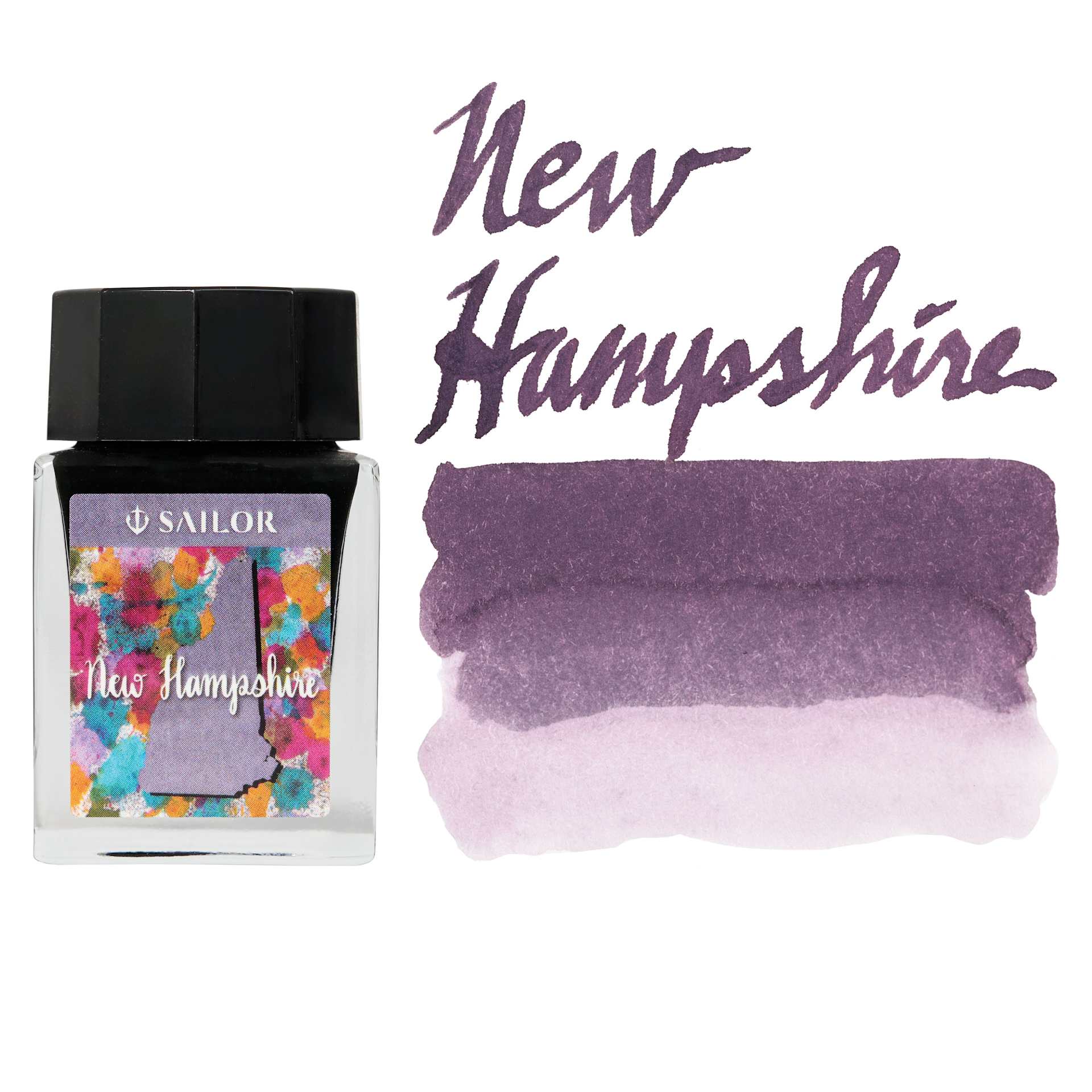 Sailor USA State Ink - New Hampshire, Granite Gray Purple, 20 ml, swatch and marker