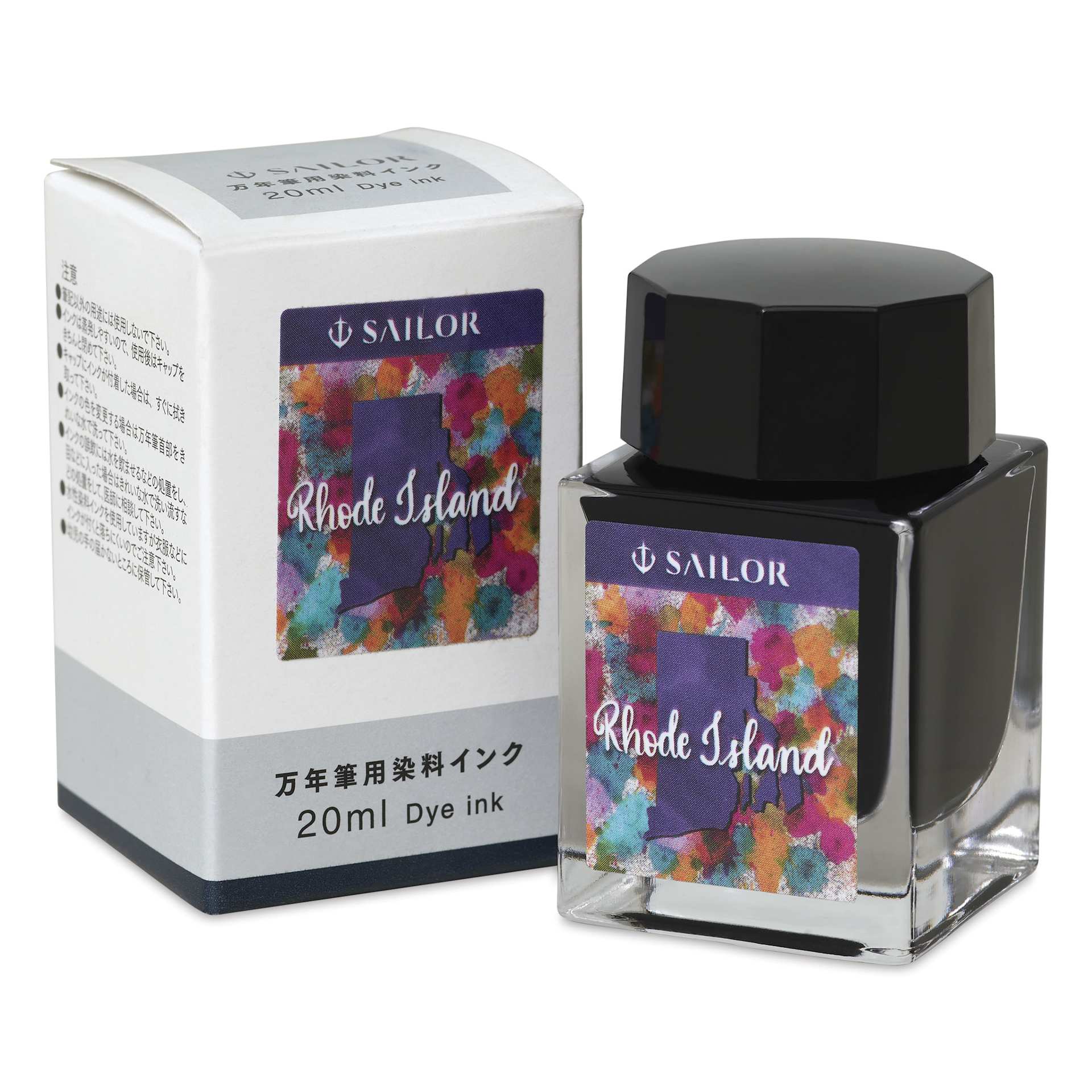 Sailor USA State Ink - Rhode Island, Quahog Purple, 20 ml, bottle next to packaging