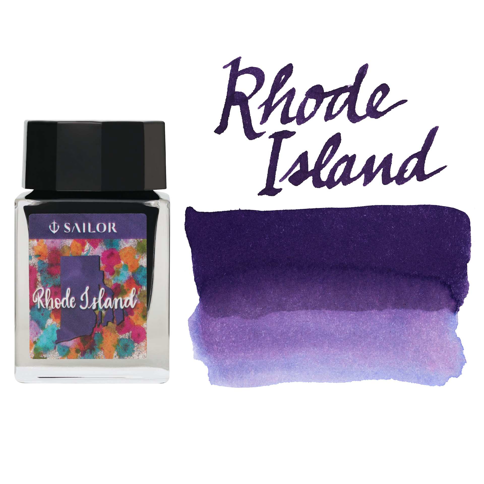 Sailor USA State Ink - Rhode Island, Quahog Purple, 20 ml, swatch and bottle