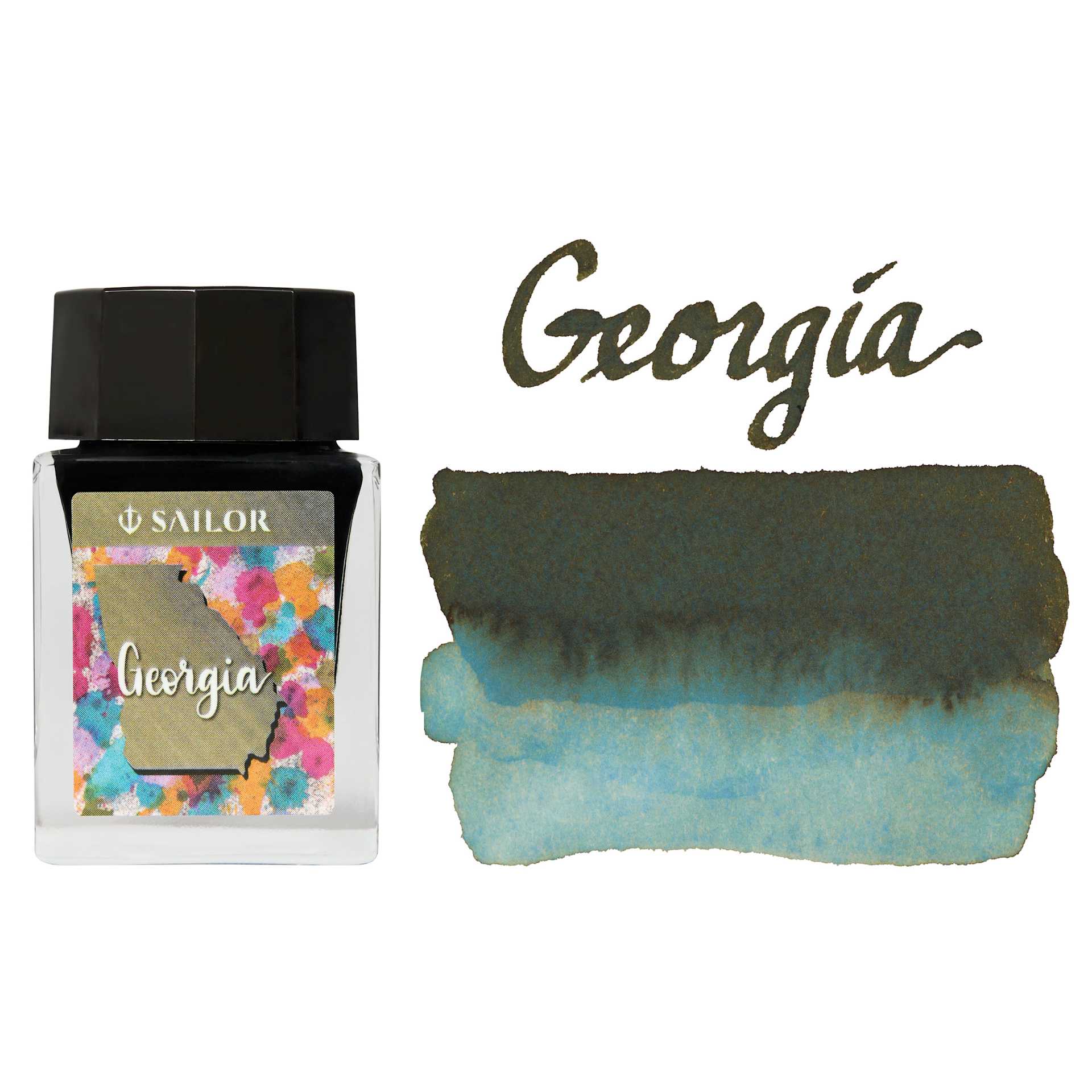 Sailor USA State Ink - Georgia, Olive, 20 ml, swatch and bottle