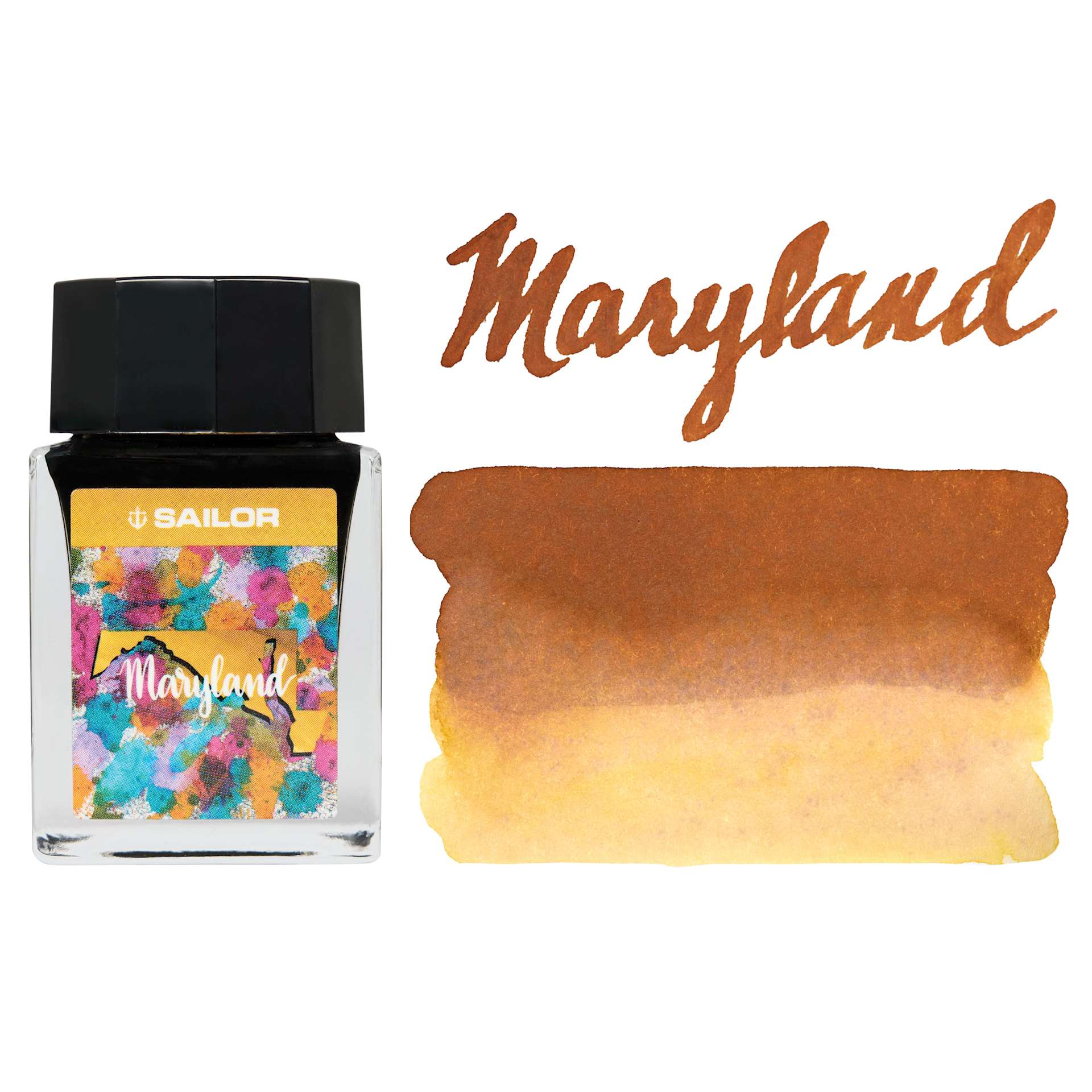 Sailor USA State Ink - Maryland, Yellow Brown, 20 ml, swatch and bottle