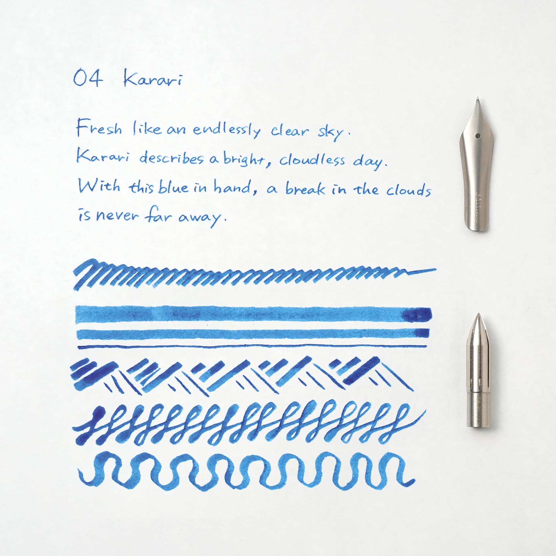 Kakimori Pigment Ink - 04 Karari, ink and pen stroke swatch comparison between nibs (not included)