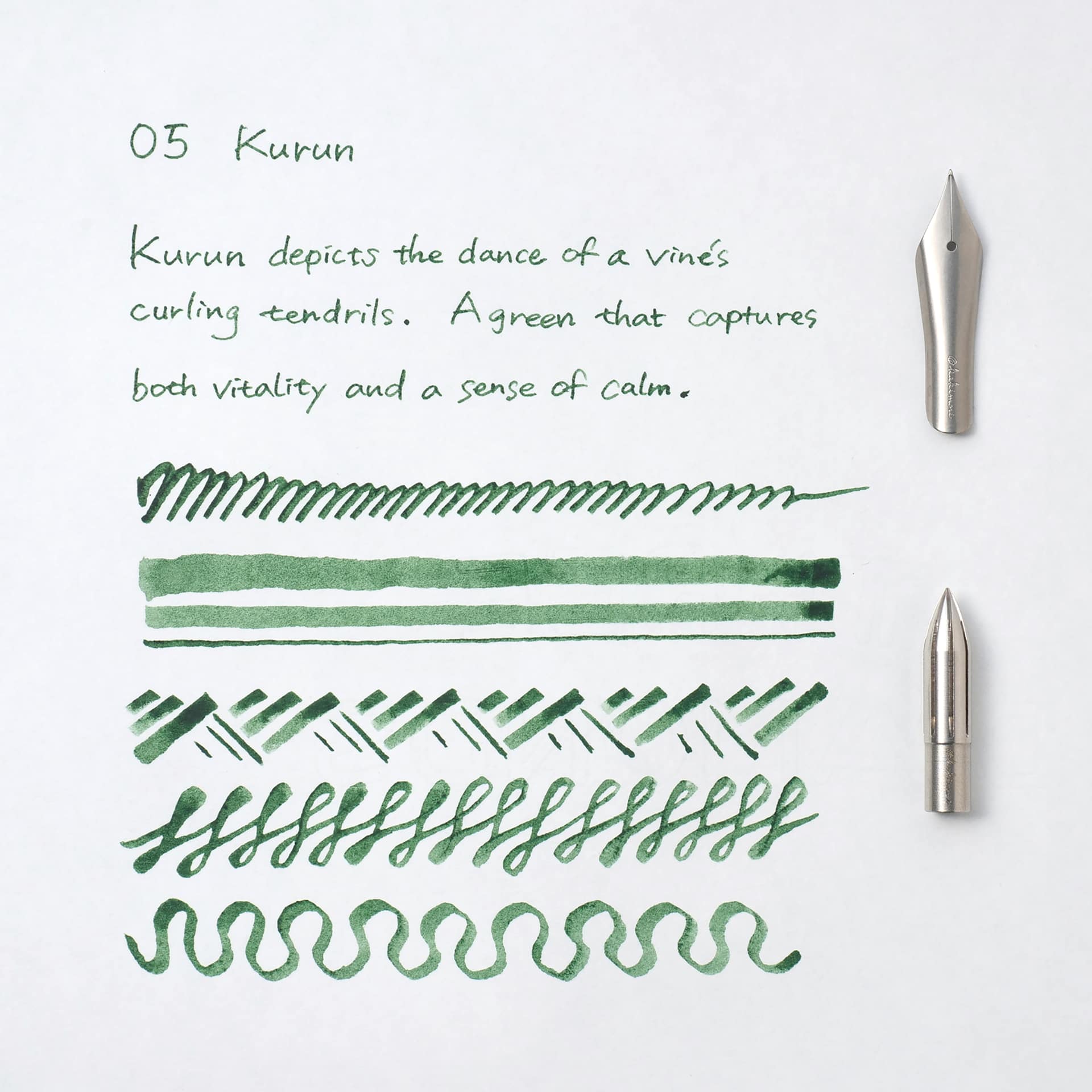 Kakimori Pigment Ink - 05 Kurun, ink and pen stroke swatch comparison between nibs (not included)