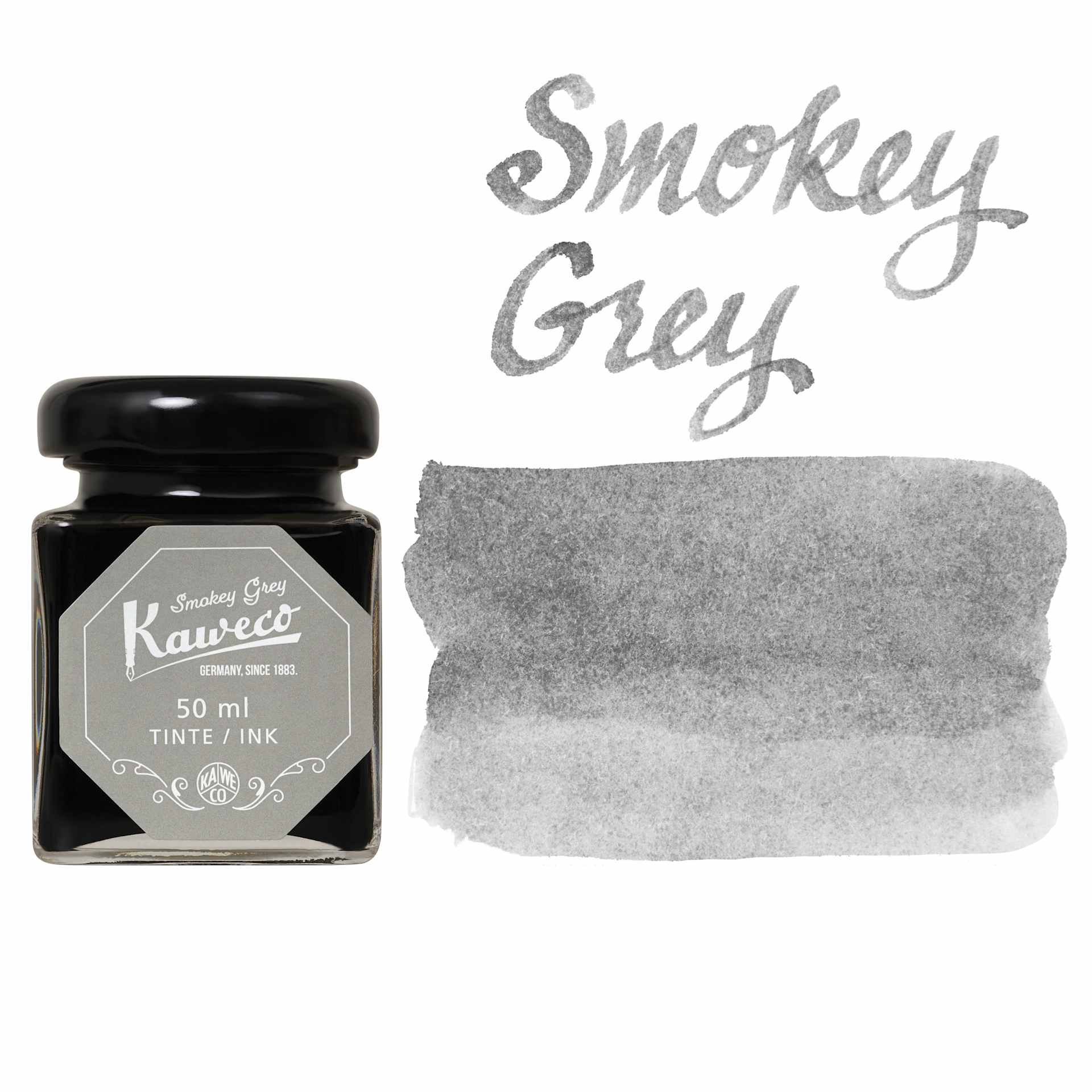Kaweco Fountain Pen Ink - Smokey Grey, swatch and bottle