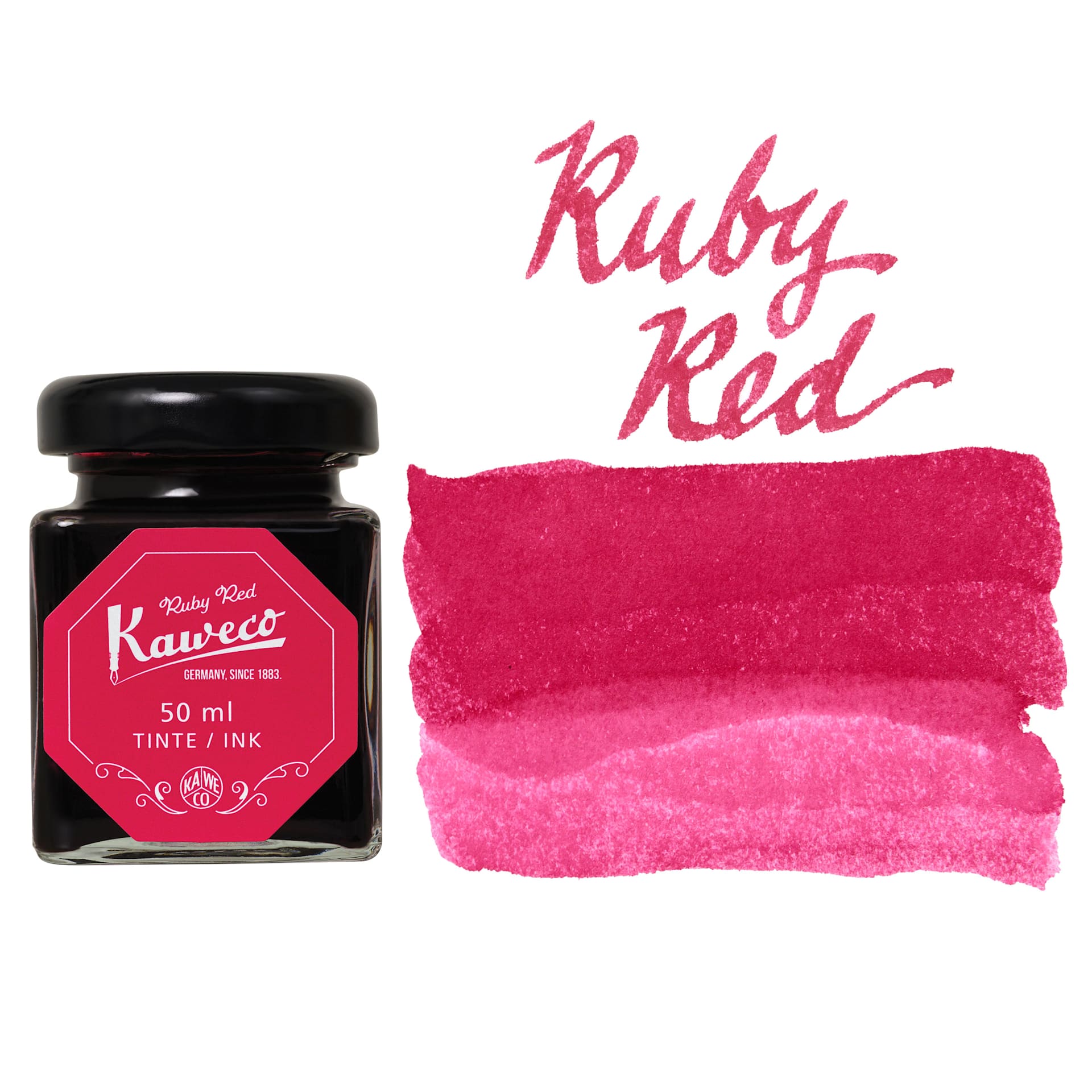 Kaweco Fountain Pen Ink - Ruby Red, swatch and bottle
