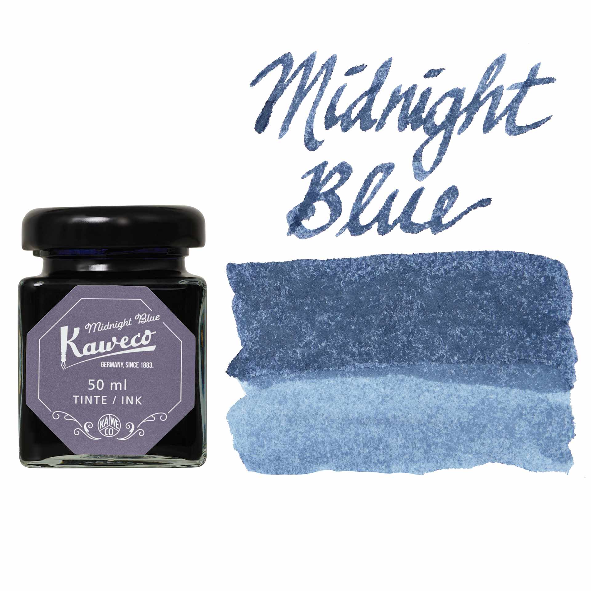 Kaweco Fountain Pen Ink - Midnight Blue, swatch and bottle