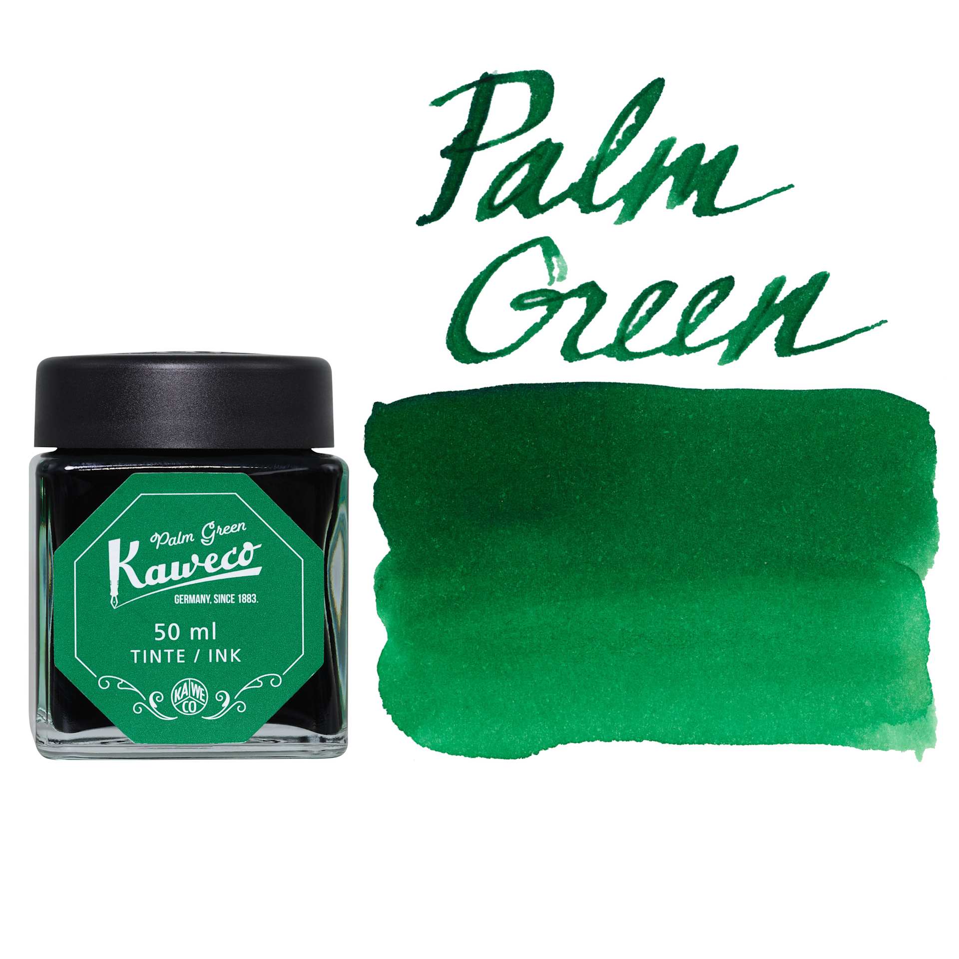 Kaweco Fountain Pen Ink - Palm Green, swatch and bottle