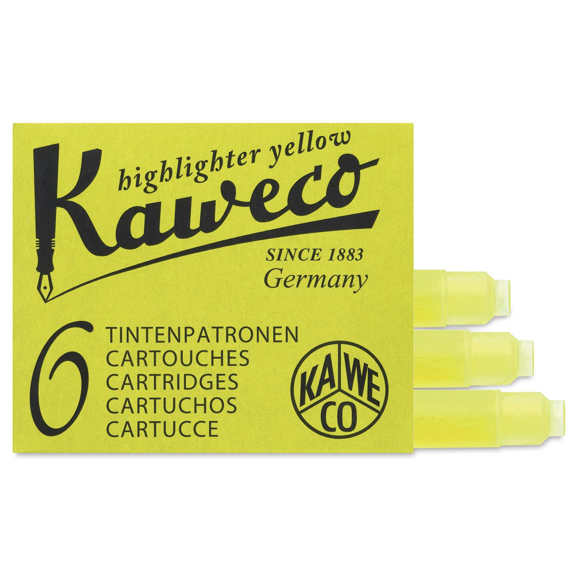 Kaweco Fountain Pen Ink Cartridges - Glowing Yellow, three cartridges shown out of packaging