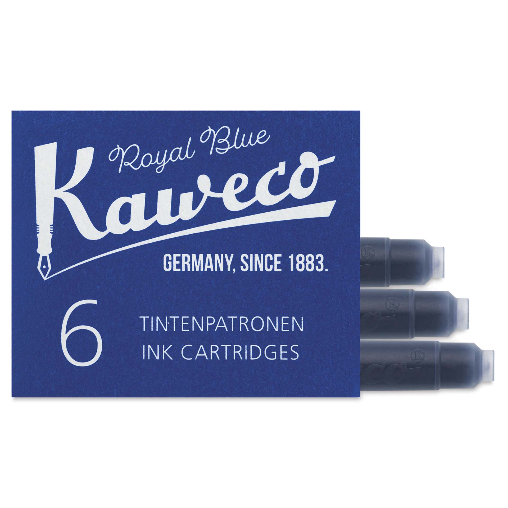 Kaweco Fountain Pen Erasable Ink Cartridges - Royal Blue, three cartridges shown out of packaging
