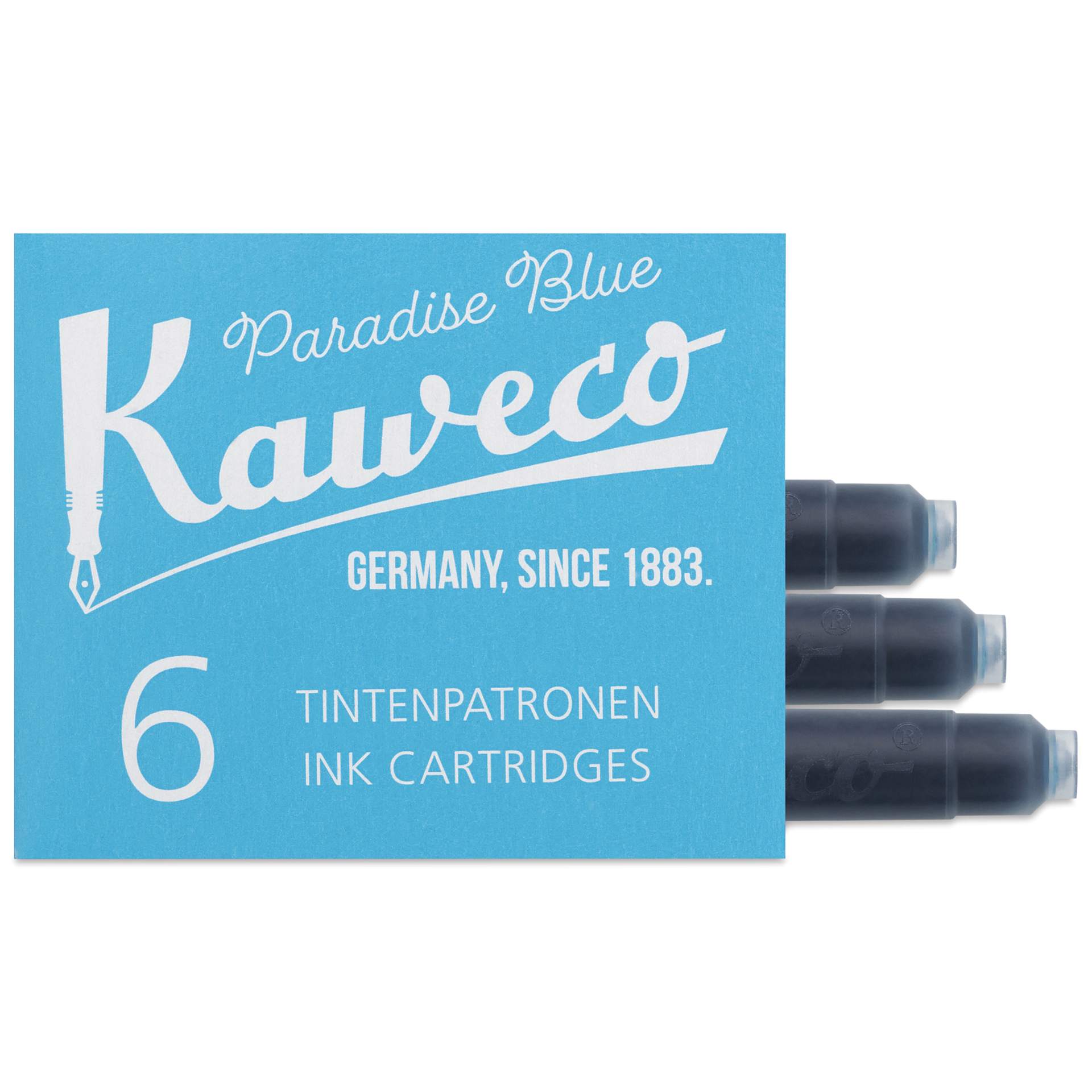 Kaweco Fountain Pen Ink Cartridges - Paradise Blue, three cartridges shown out of packaging