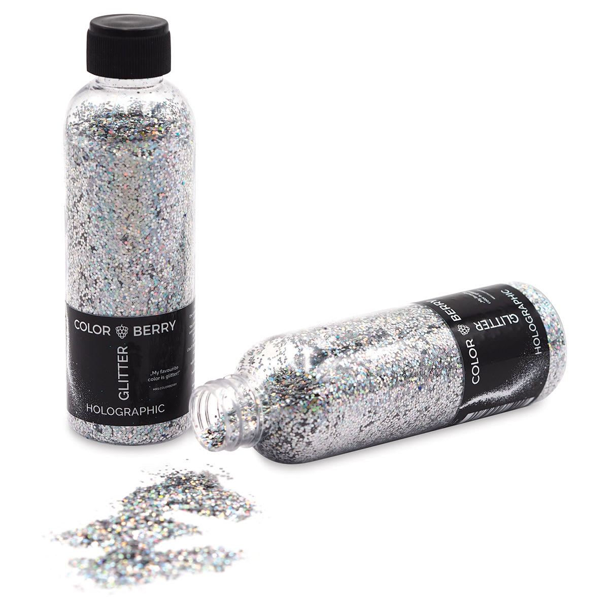 Colorberry Glitter - Holographic Silver, Chunky, 90 grams, Bottle (Glitter shown in and out of bottle)
