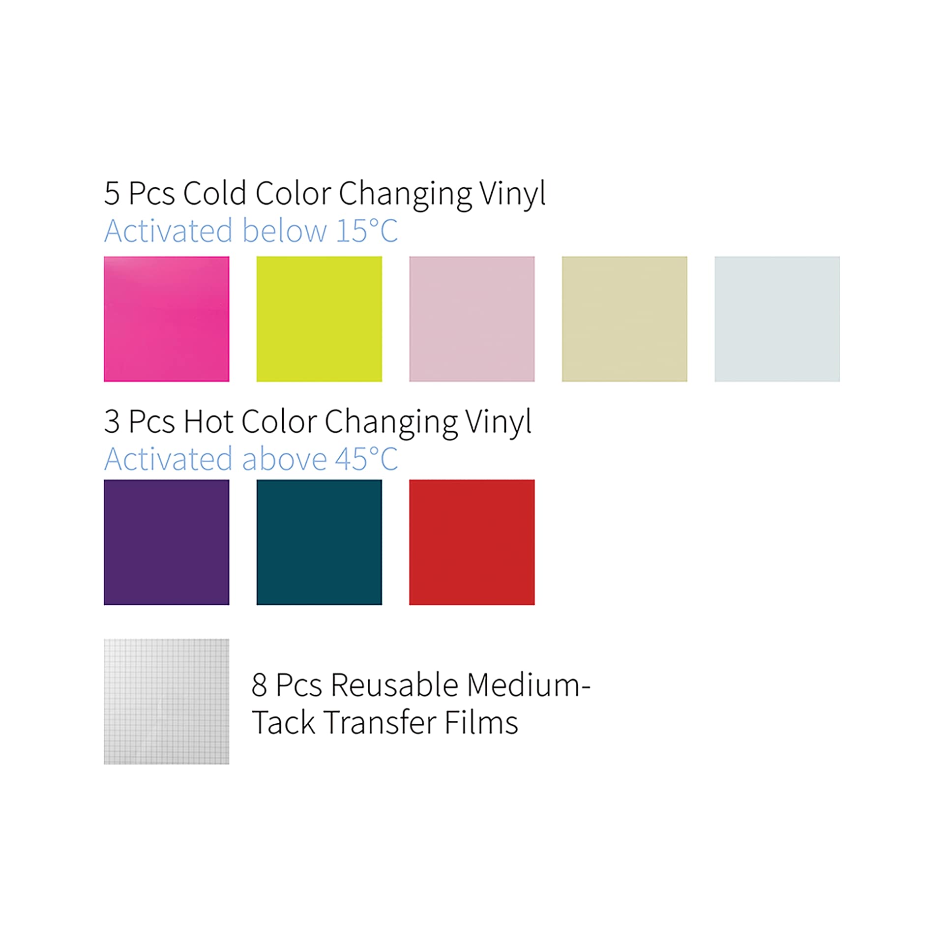 Craft Express Vinyl Sheets - Color Changing, Assorted Colors, 12" x 12", Set of 8 (color chart)