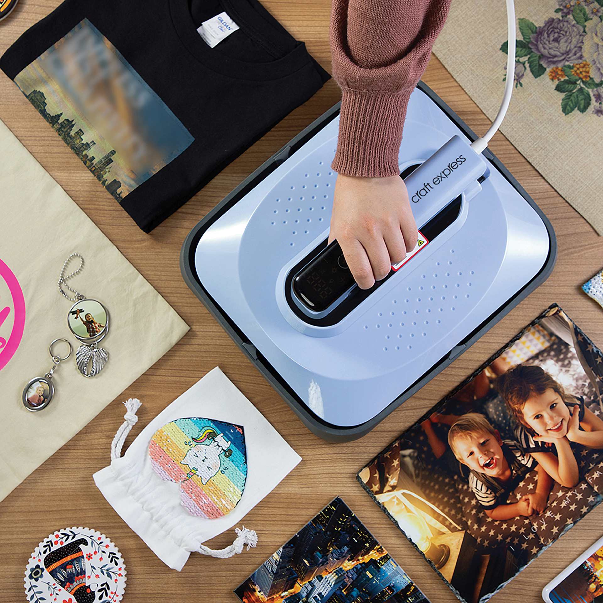 Craft Express Large Handheld Heat Press (on desk)