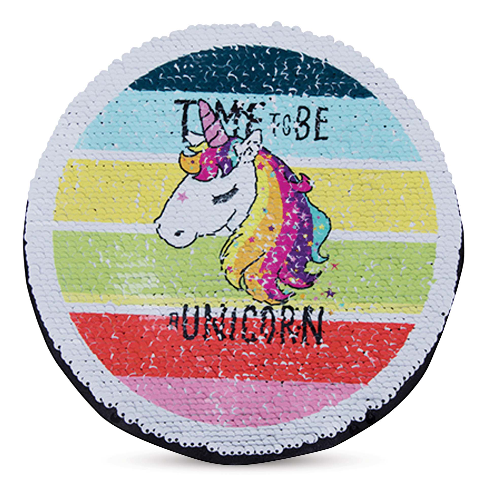 Craft Express Sublimation Printing Flip Sequin Patches - Round, Silver, printed with a unicorn cartoon