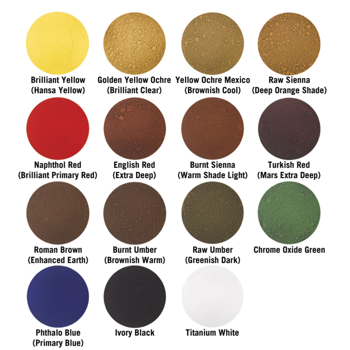 Sinopia Pigment Sets - Color chart of component pigments in 15 pc set