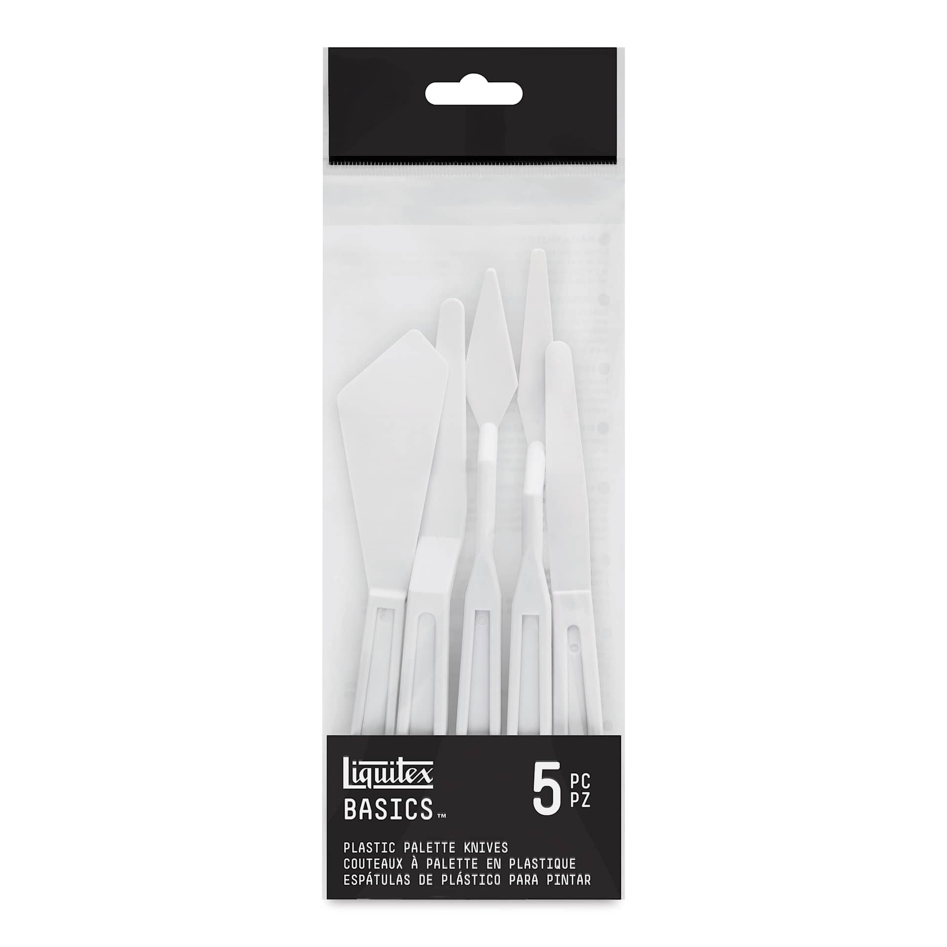 Liquitex Basics Plastic Mixing Knives - Front of package of 5 Assorted Knives
