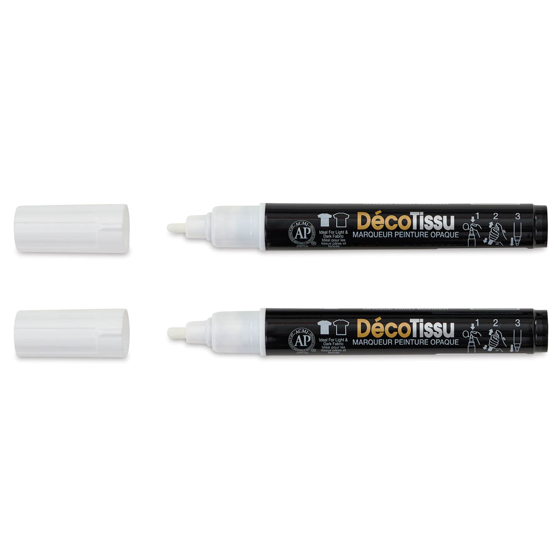 Marvy Uchida DecoFabric Opaque Paint Markers - White, Pkg of 2, out of packaging with caps off
