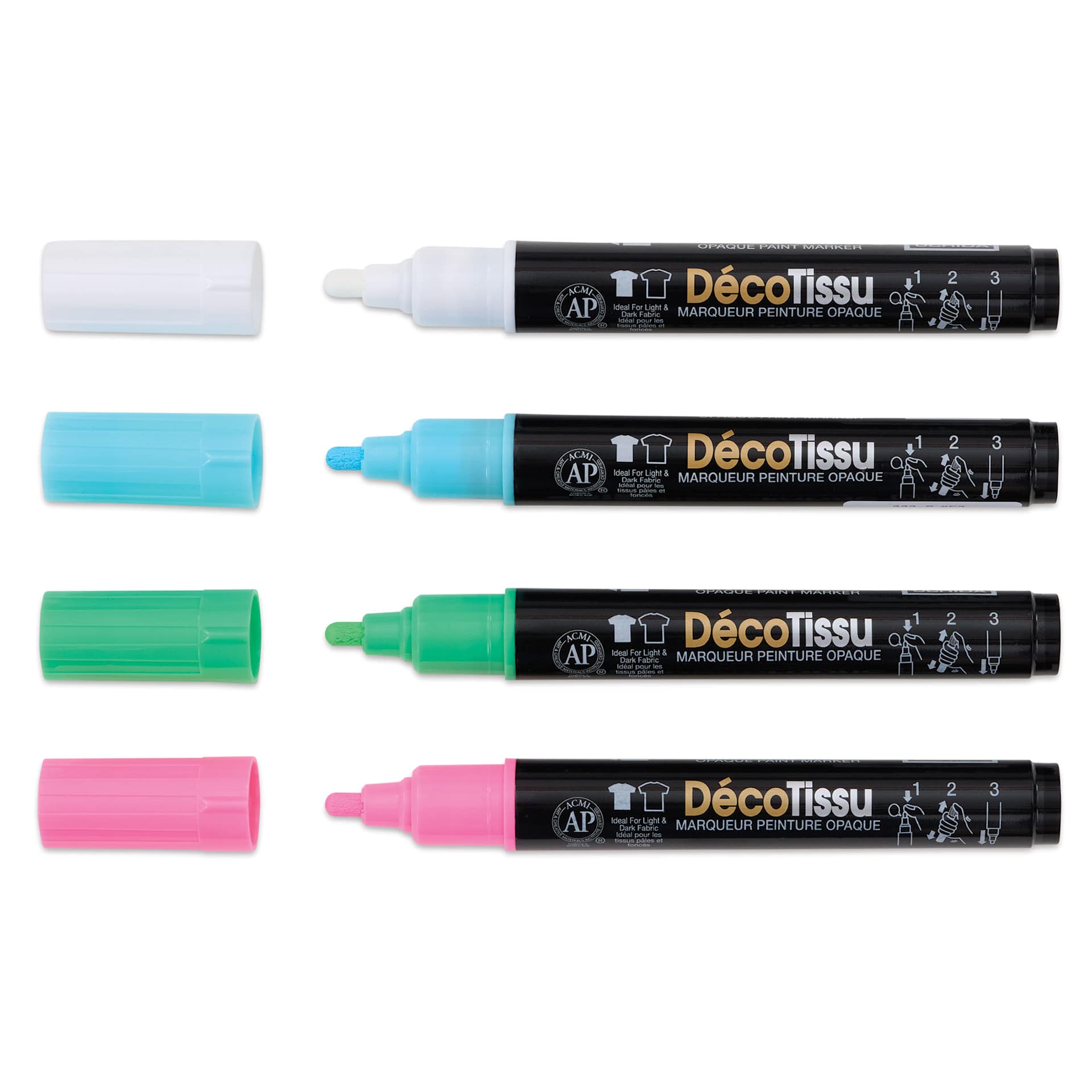 Marvy Uchida DecoFabric Opaque Paint Markers - Fluorescent Colors, Set of 4, laid out with caps off