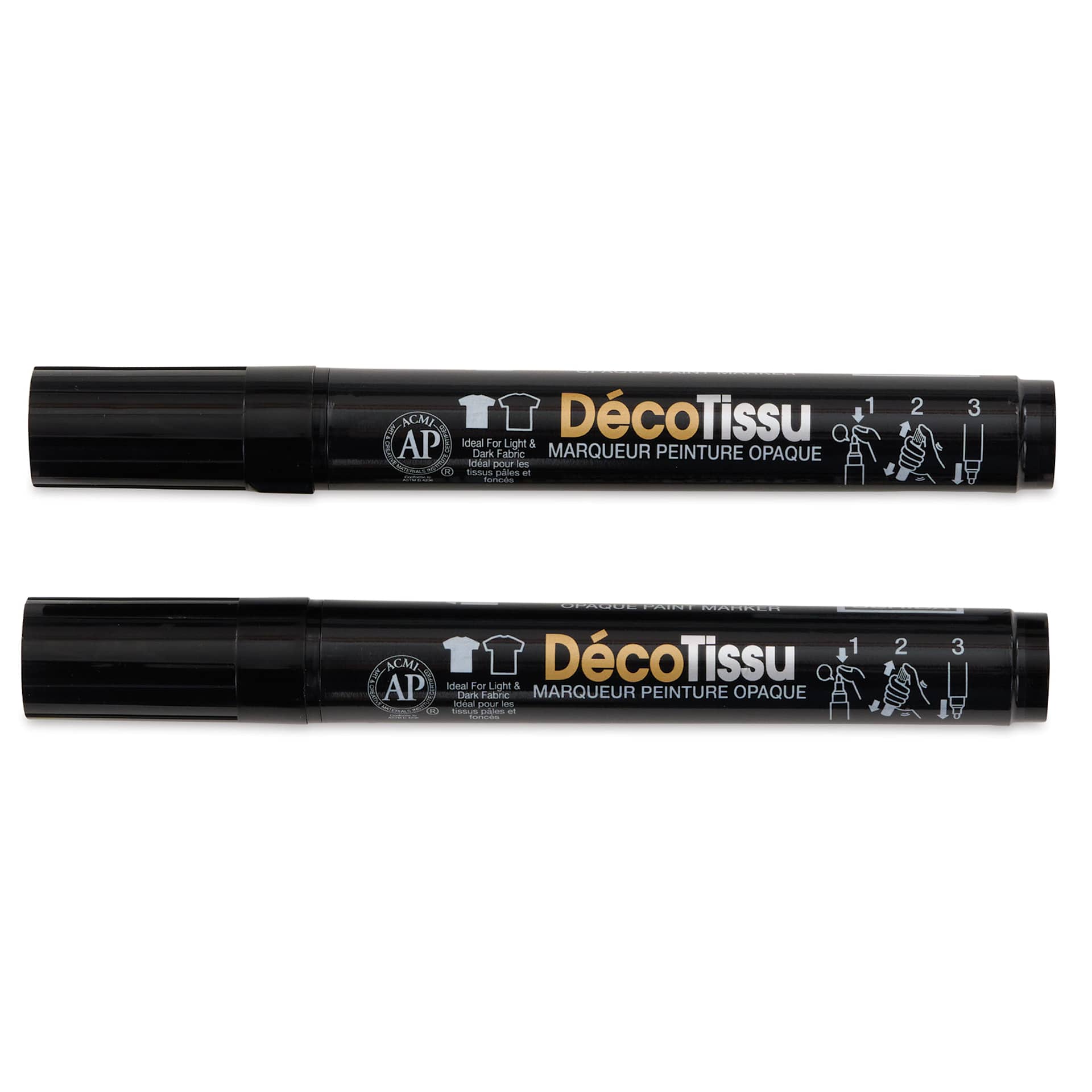 Marvy Uchida DecoFabric Opaque Paint Markers - Black, Pkg of 2, out of the packaging with caps on