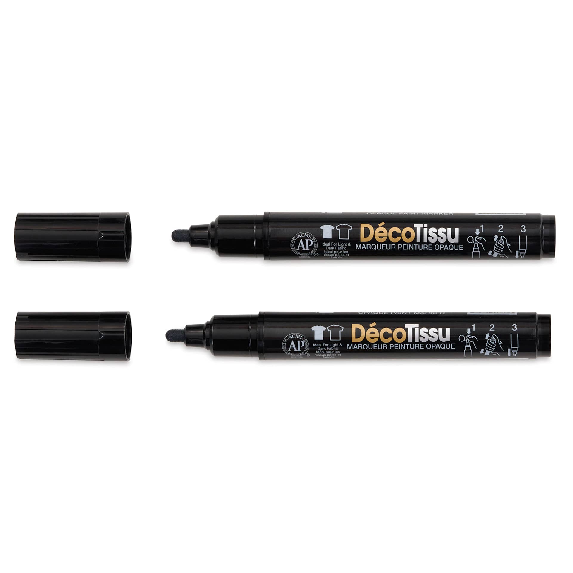 Marvy Uchida DecoFabric Opaque Paint Markers - Black, Pkg of 2, out of the packaging with caps off