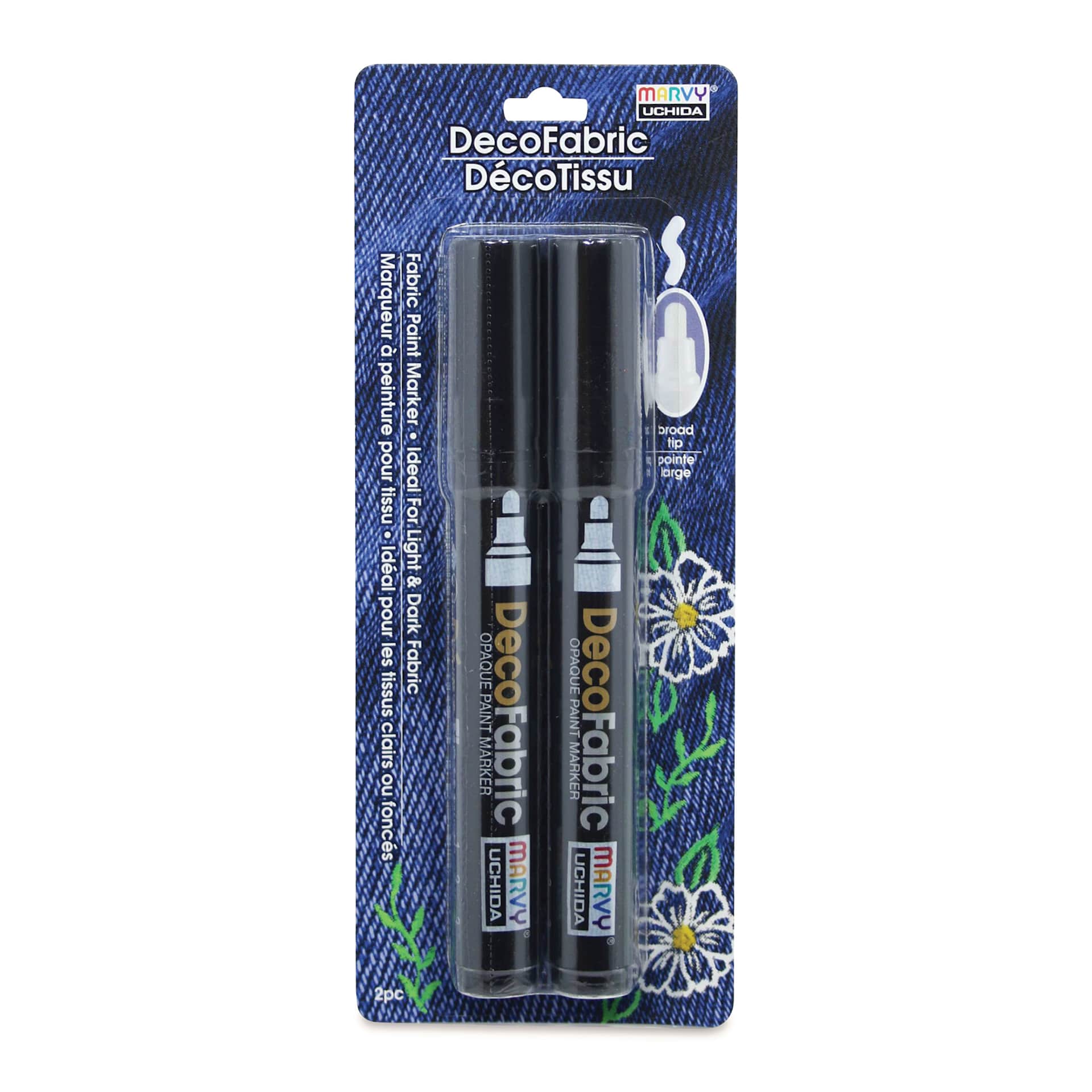 Marvy Uchida DecoFabric Opaque Paint Markers - Black, Pkg of 2, front of the packaging