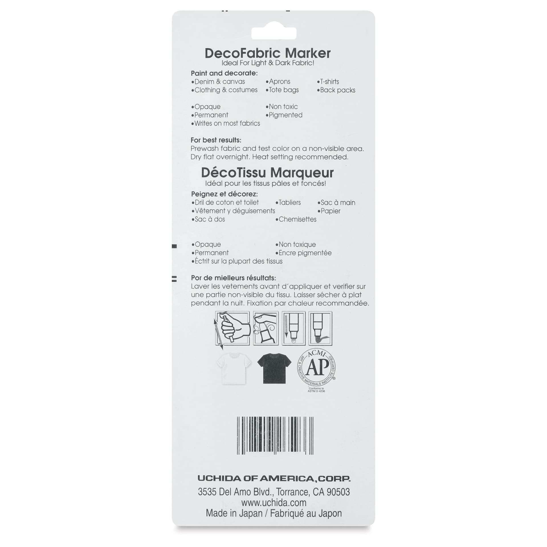 Marvy Uchida DecoFabric Opaque Paint Markers - Gold and Silver, Set of 2, back of the packaging
