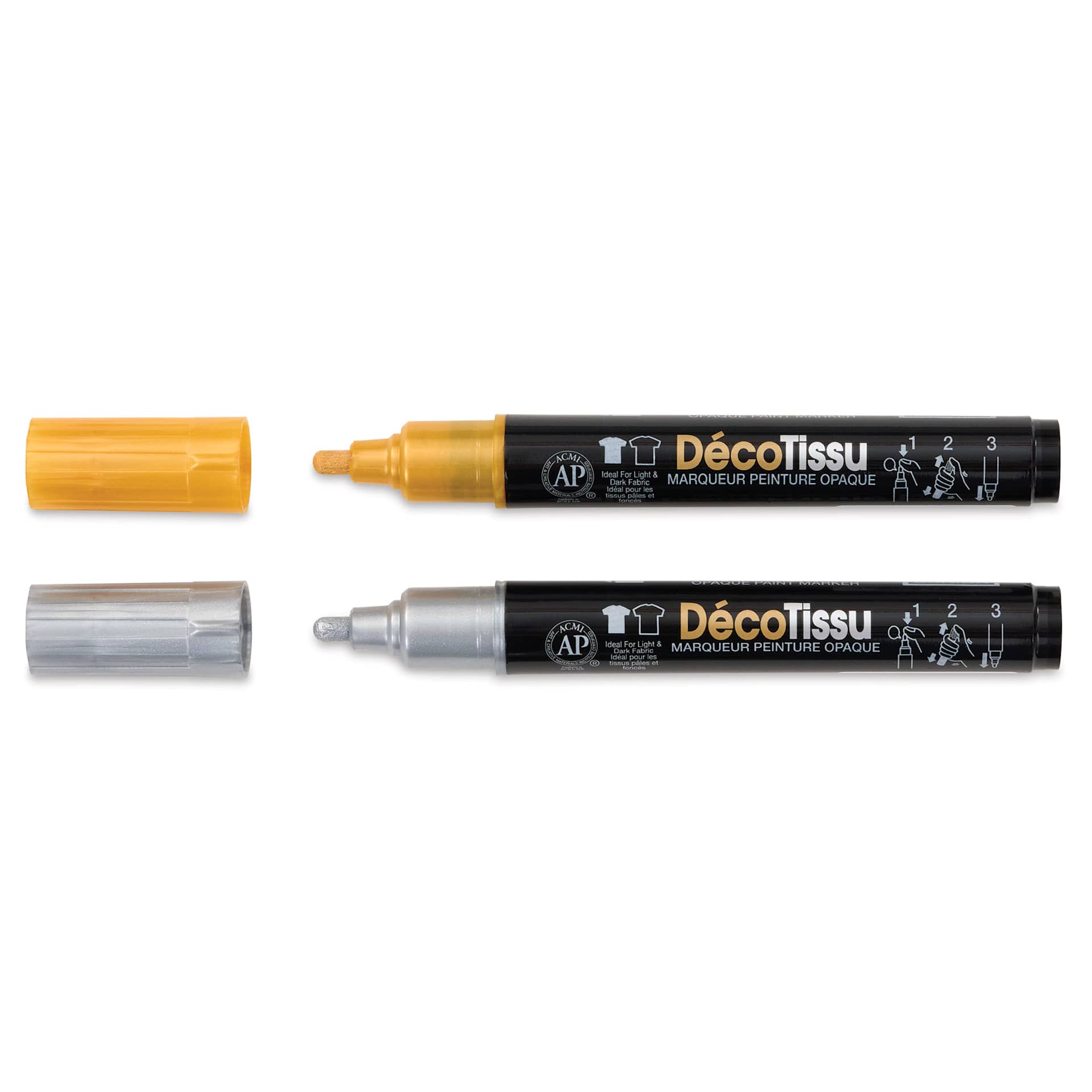 Marvy Uchida DecoFabric Opaque Paint Markers - Gold and Silver, Set of 2, displayed with caps off