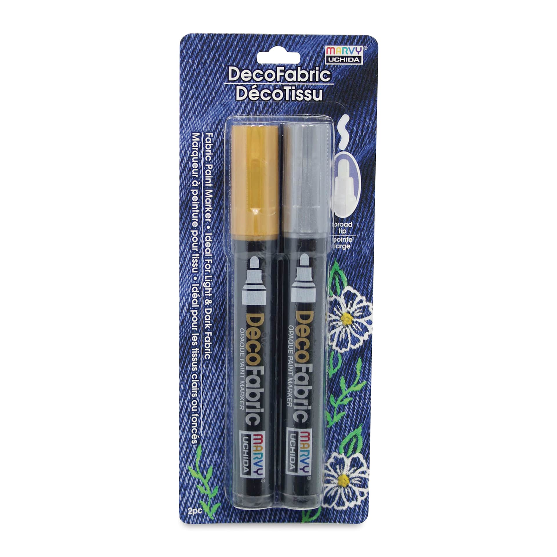 Marvy Uchida DecoFabric Opaque Paint Markers - Gold and Silver, Set of 2, front of the packaging