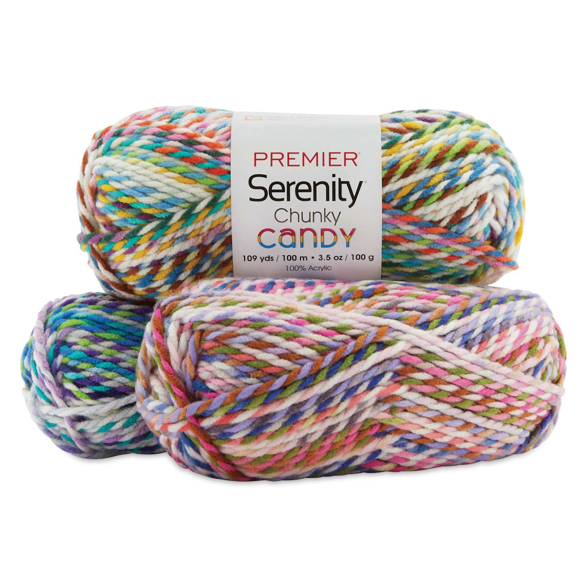 Premier Yarn Serenity Chunky Candy Yarn, group multicolored skeins laid down on top of each other