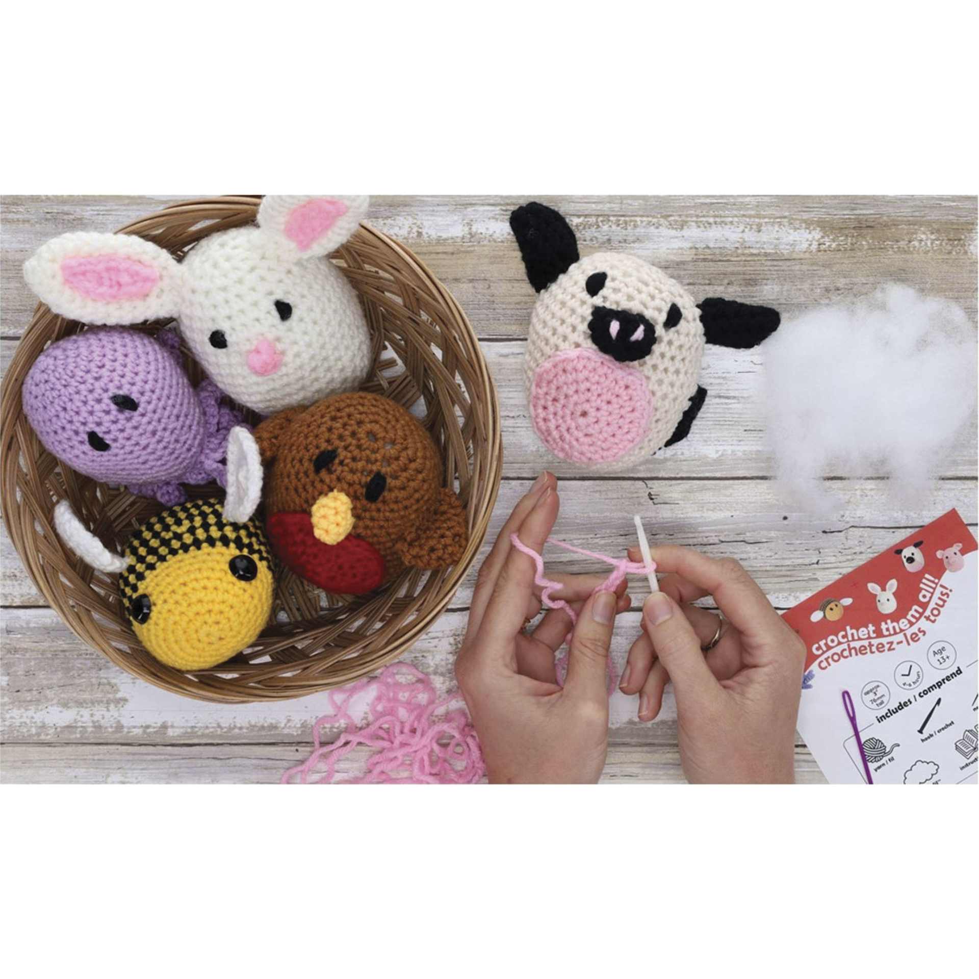 Leisure Arts Crochet Pudgies Kits - finished examples in basket and example in progress
