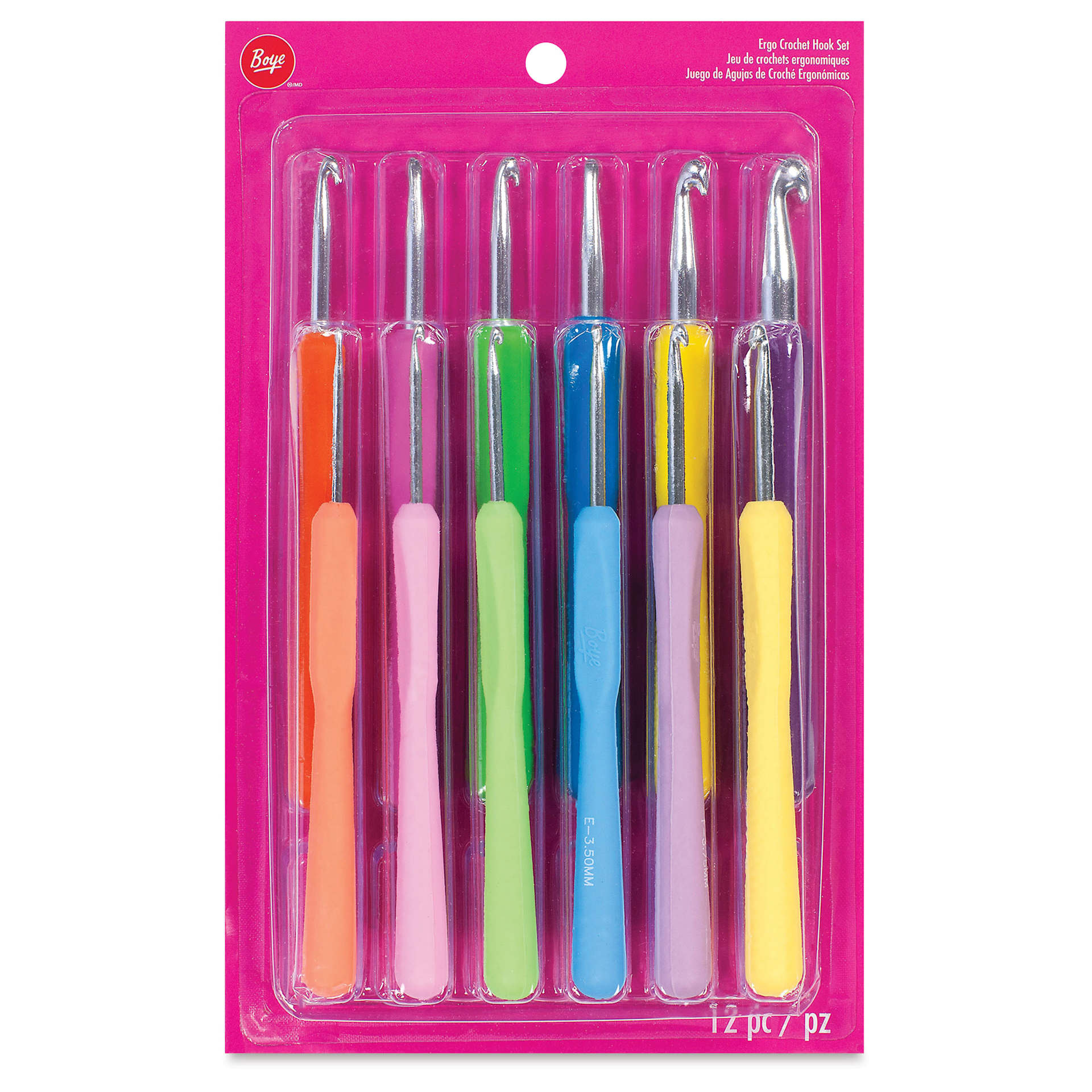 Boye Ergo Crochet Hooks - Set of 12, B-L and N, Pastel and Fluorescent Colors - front of packaging