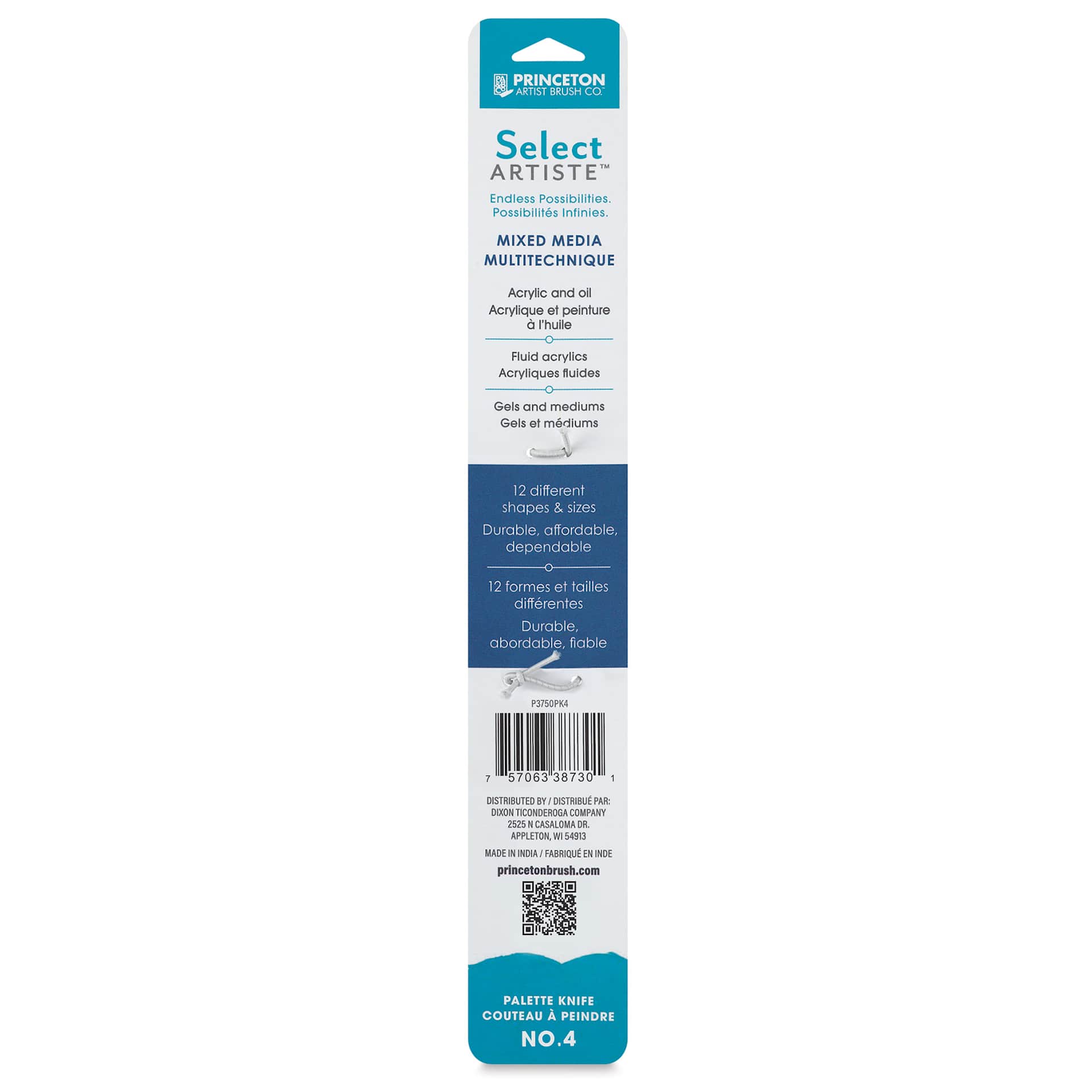 Princeton Select Palette Knife - Style 4, Small Long Spade, back of the packaging